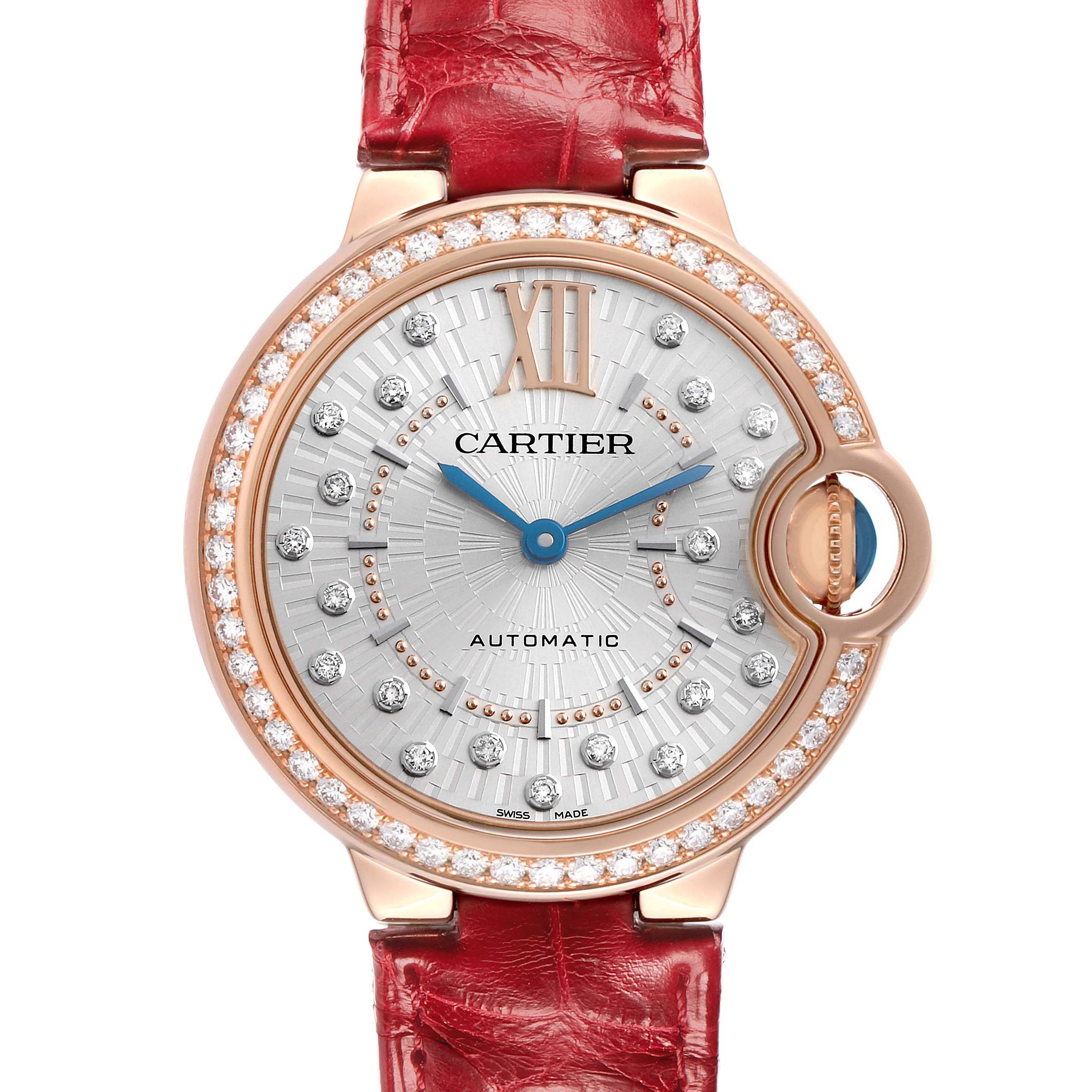 The Cartier Ballon Bleu WJBB0080 Women
s Rose Gold Silver Dial watch is shown from the front, featuring a diamond-set bezel and a red leather strap.