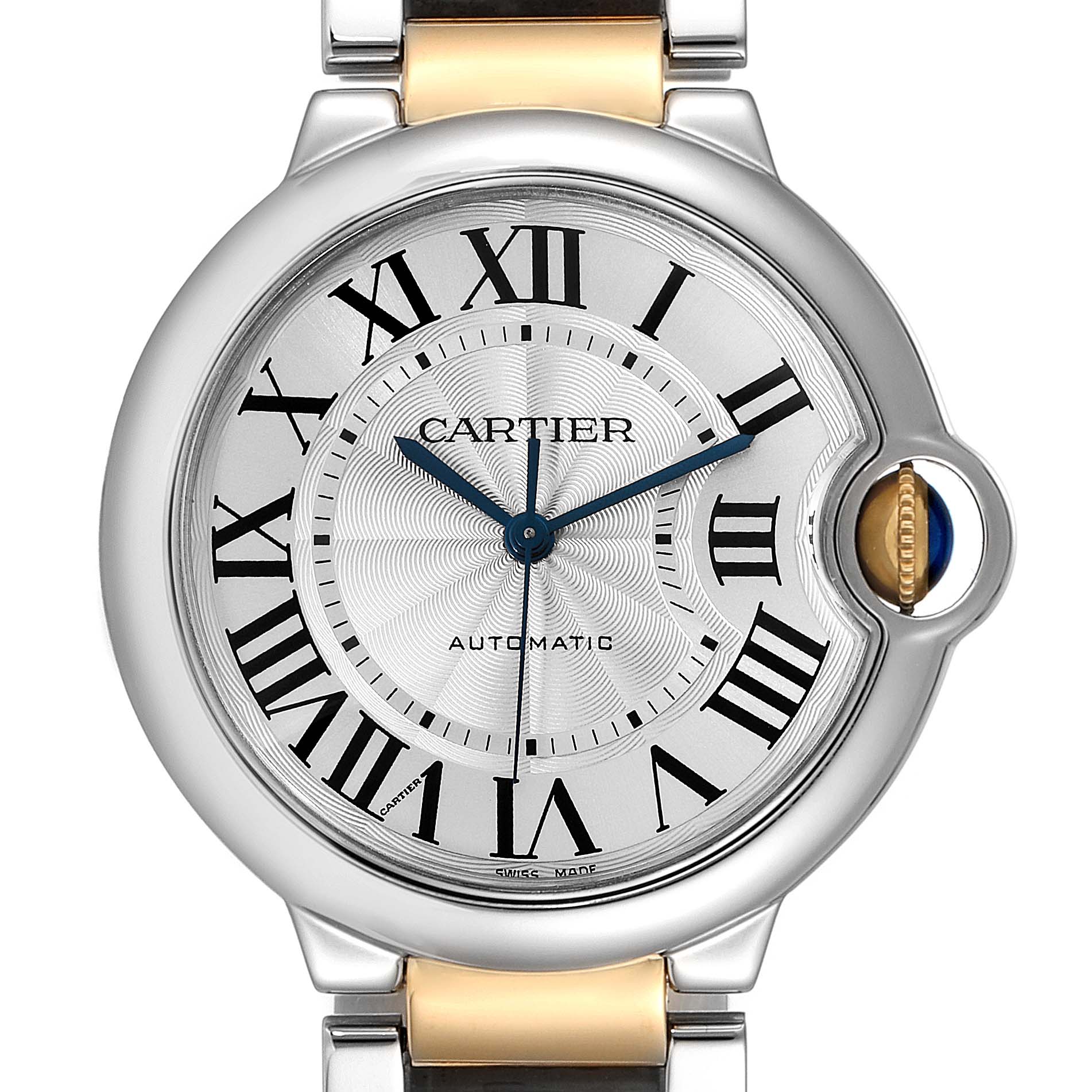 The image shows a close-up of the dial of the Cartier Ballon Bleu W2BB0012 Men
s Steel and Gold (two tone) Silver Dial W2BB0012 Men
s Steel and Gold (two tone) Silver Dial watch, highlighting Roman numerals, blue hands, and signature crown.