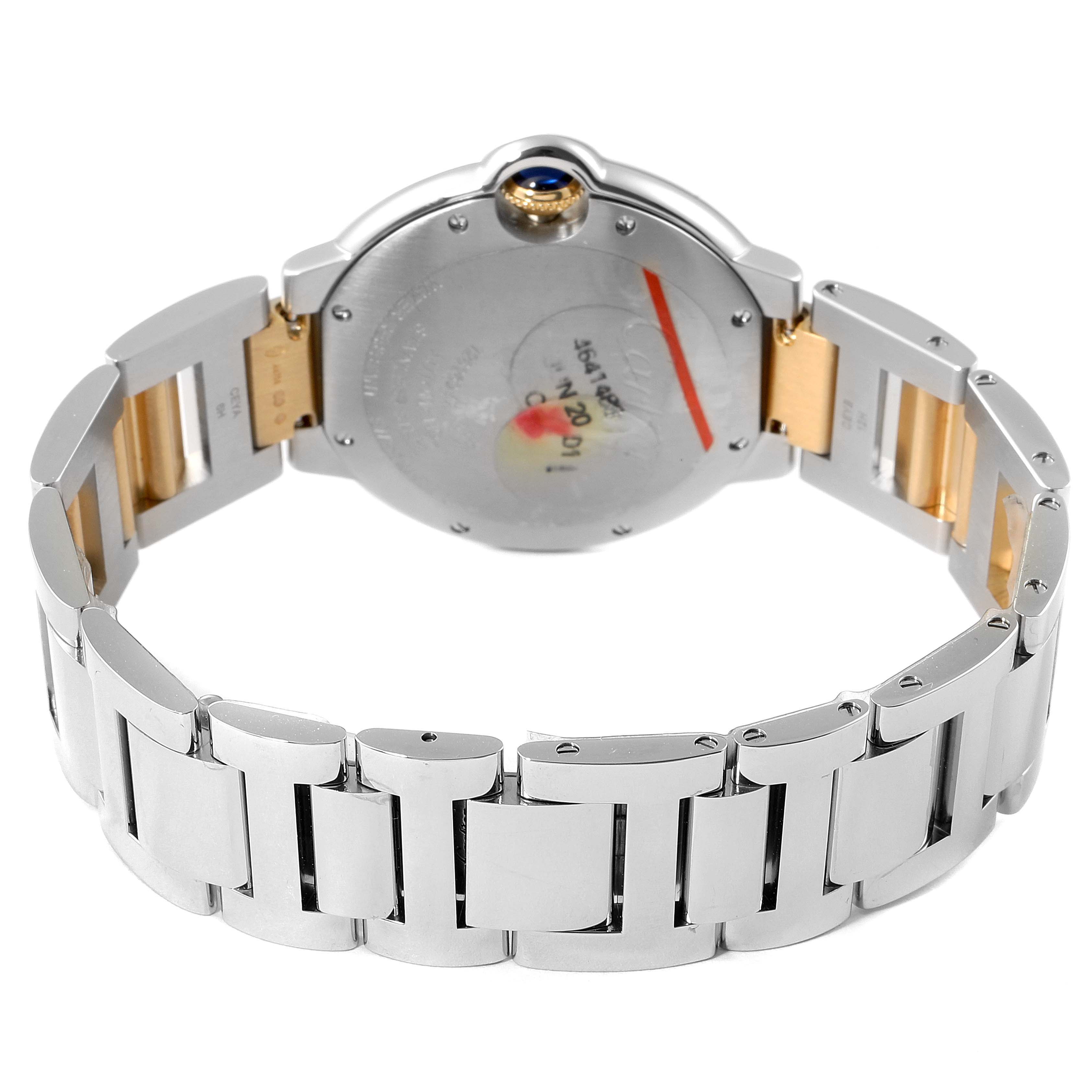 This image shows the back case and bracelet of a Cartier Ballon Bleu W2BB0012 Men
s Steel and Gold (two tone) Silver Dial W2BB0012 Men
s Steel and Gold (two tone) Silver Dial watch from a rear angle.