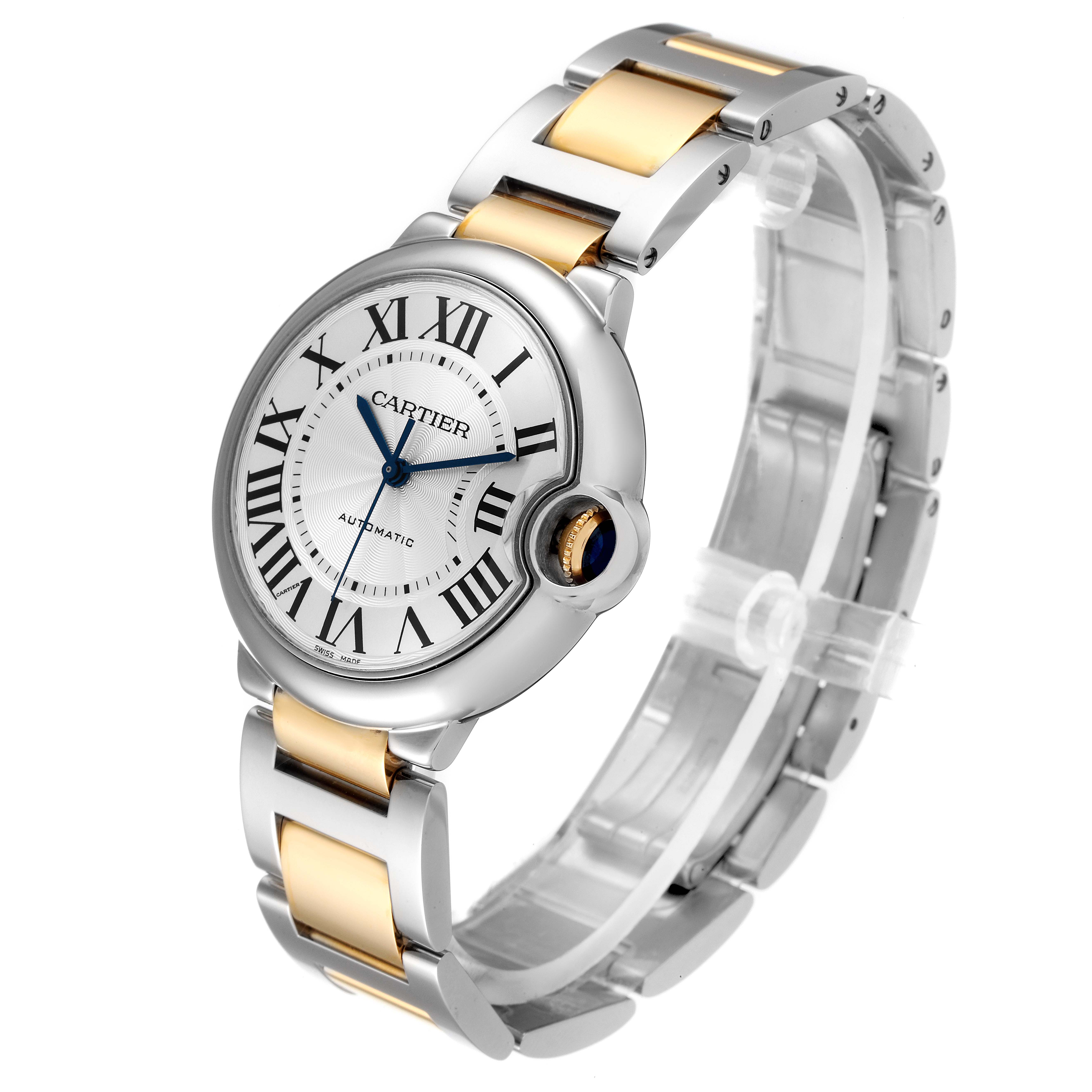 This image shows a side angle of the Cartier Ballon Bleu W2BB0012 Men
s Steel and Gold (two tone) Silver Dial W2BB0012 Men
s Steel and Gold (two tone) Silver Dial watch, highlighting its face, bracelet, and crown.