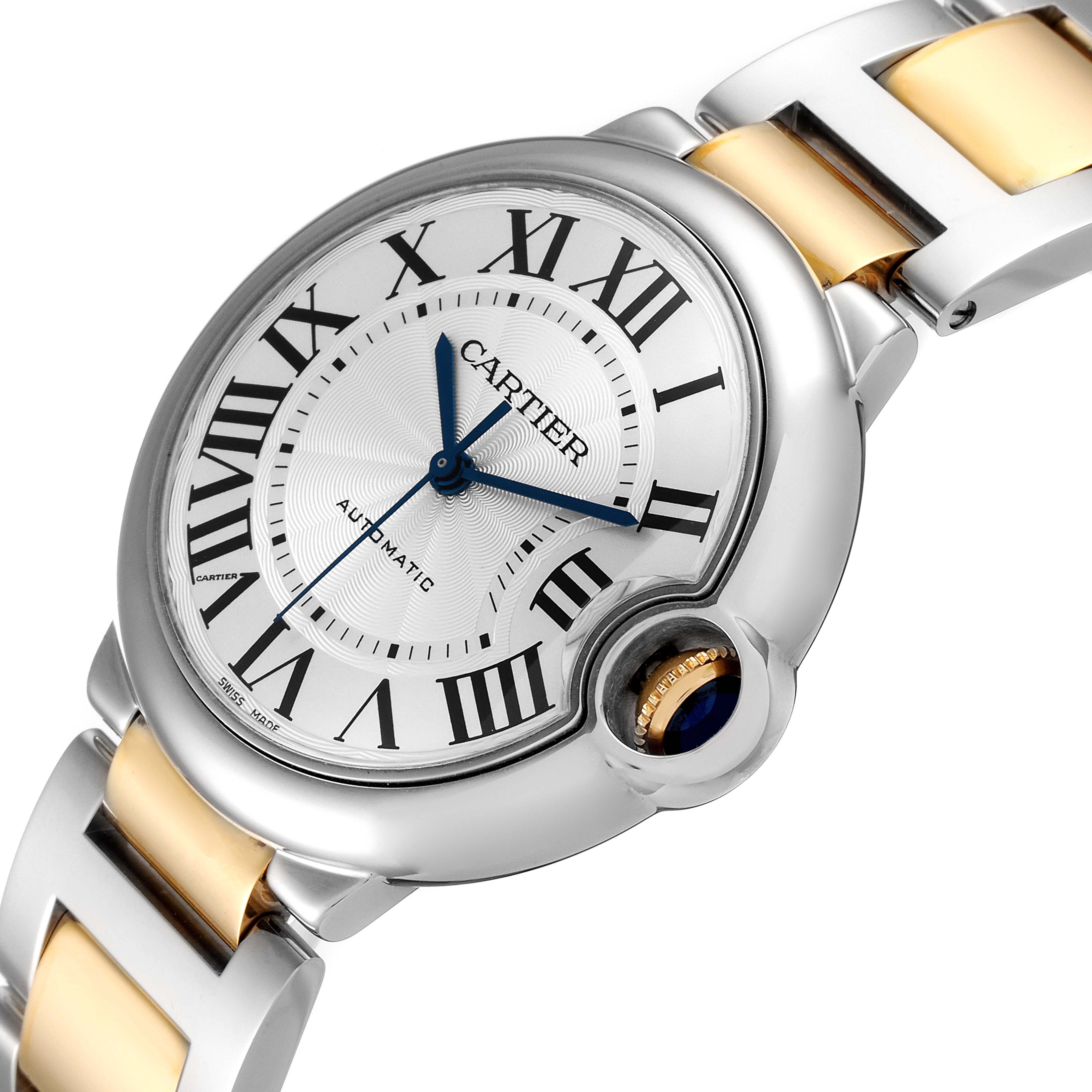The Ballon Bleu de Cartier watch is shown at an angled close-up, highlighting the case, dial, crown, and part of the bracelet.