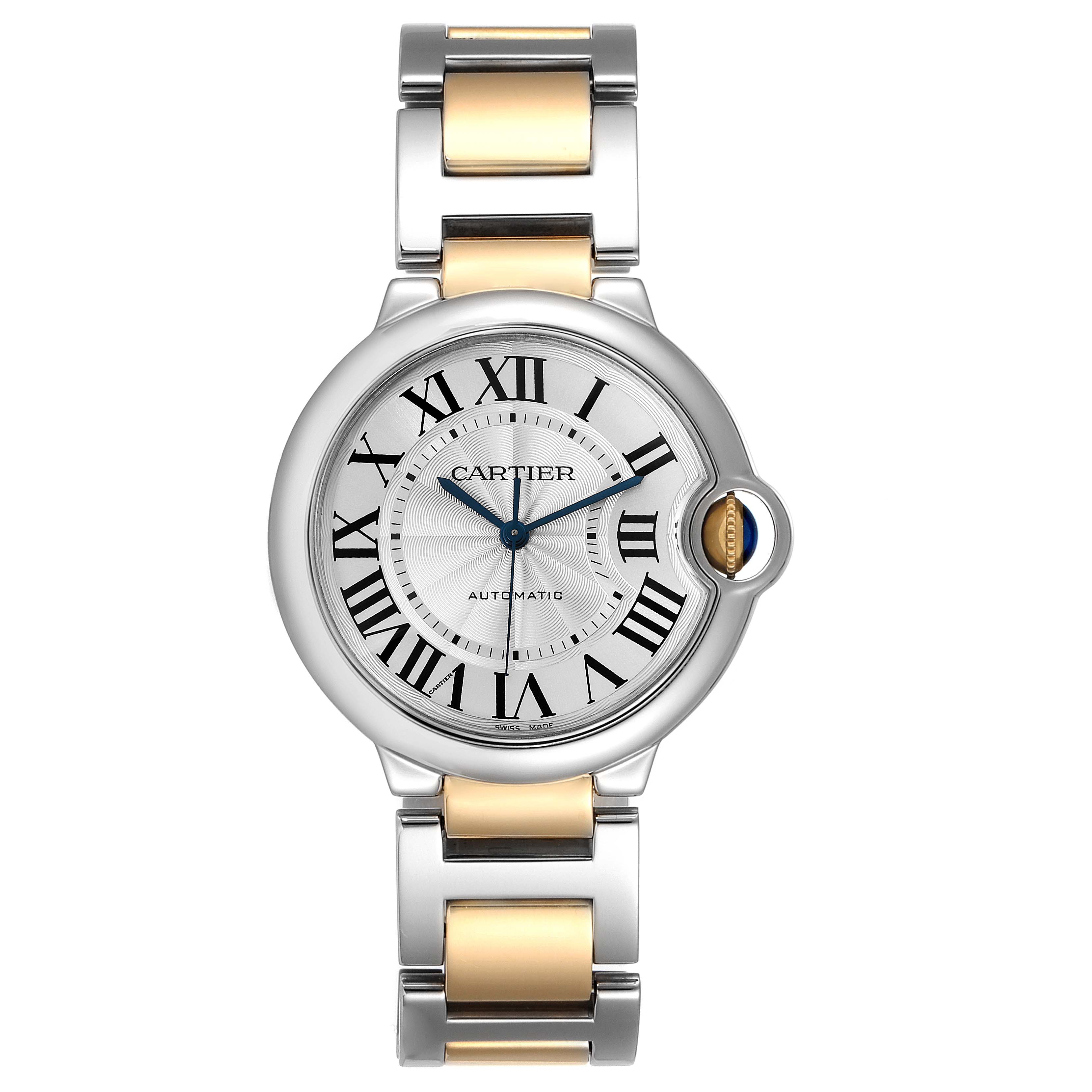 Front view of the Cartier Ballon Bleu W2BB0012 Men
s Steel and Gold (two tone) Silver Dial W2BB0012 Men
s Steel and Gold (two tone) Silver Dial watch, showcasing the dial, hands, crown, and two-tone bracelet.