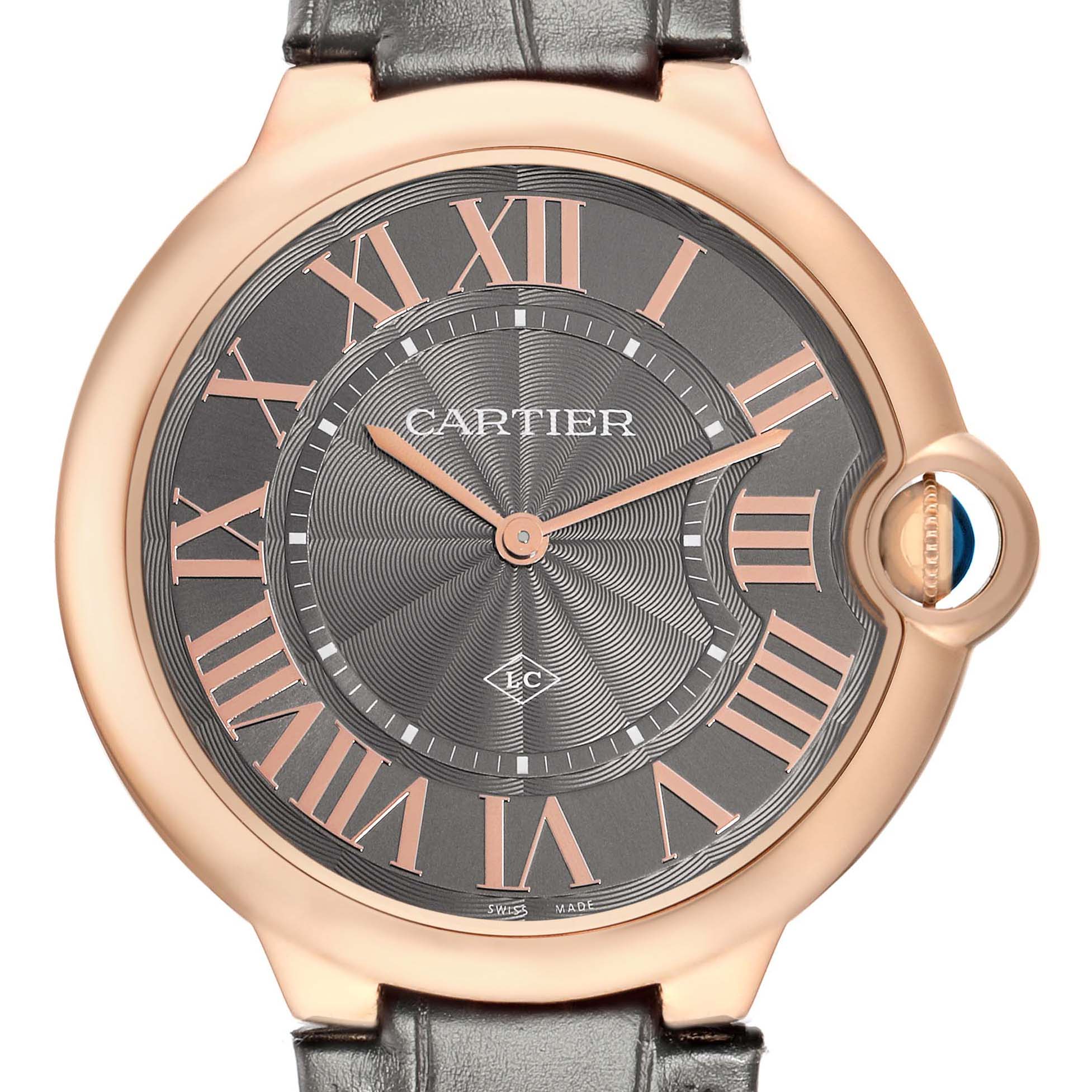 The Cartier Ballon Bleu W6920089 Men
s Rose Gold Grey Dial watch is shown from a front angle, highlighting its dial, Roman numerals, and signature blue cabochon crown.
