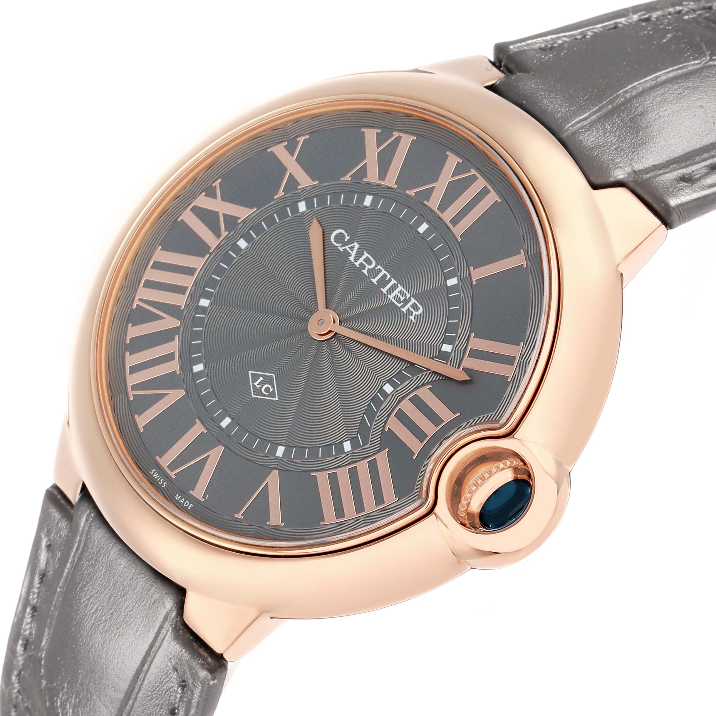 The watch is shown at an angled close-up, displaying the face, Roman numerals, and crown of the Cartier Ballon Bleu W6920089 Men
s Rose Gold Grey Dial.