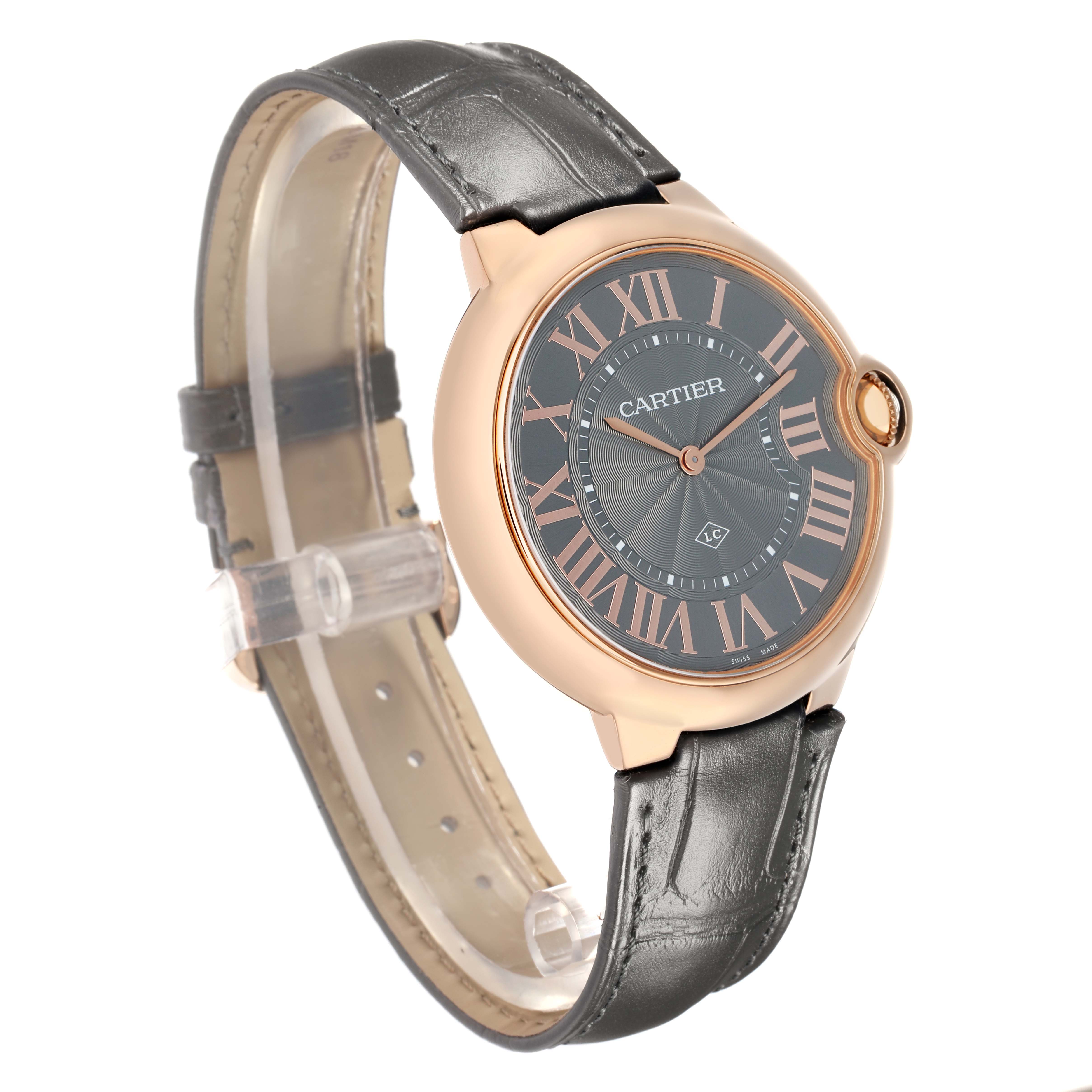 The Cartier Ballon Bleu W6920089 Men
s Rose Gold Grey Dial watch is shown from a three-quarter angle, displaying its face, case, crown, and strap.