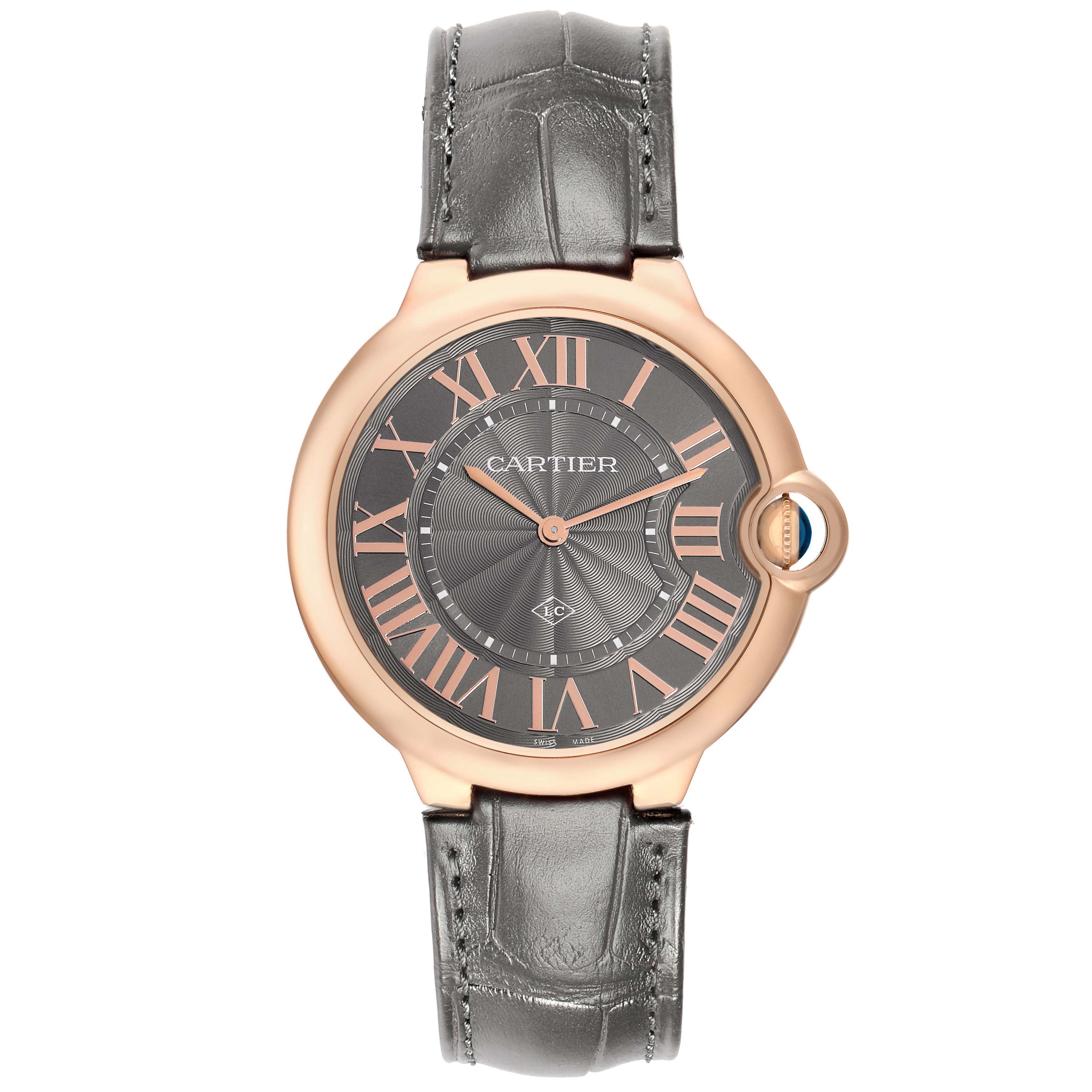 The Cartier Ballon Bleu W6920089 Men
s Rose Gold Grey Dial watch is shown from a top-down angle, displaying the face, case, and leather strap.