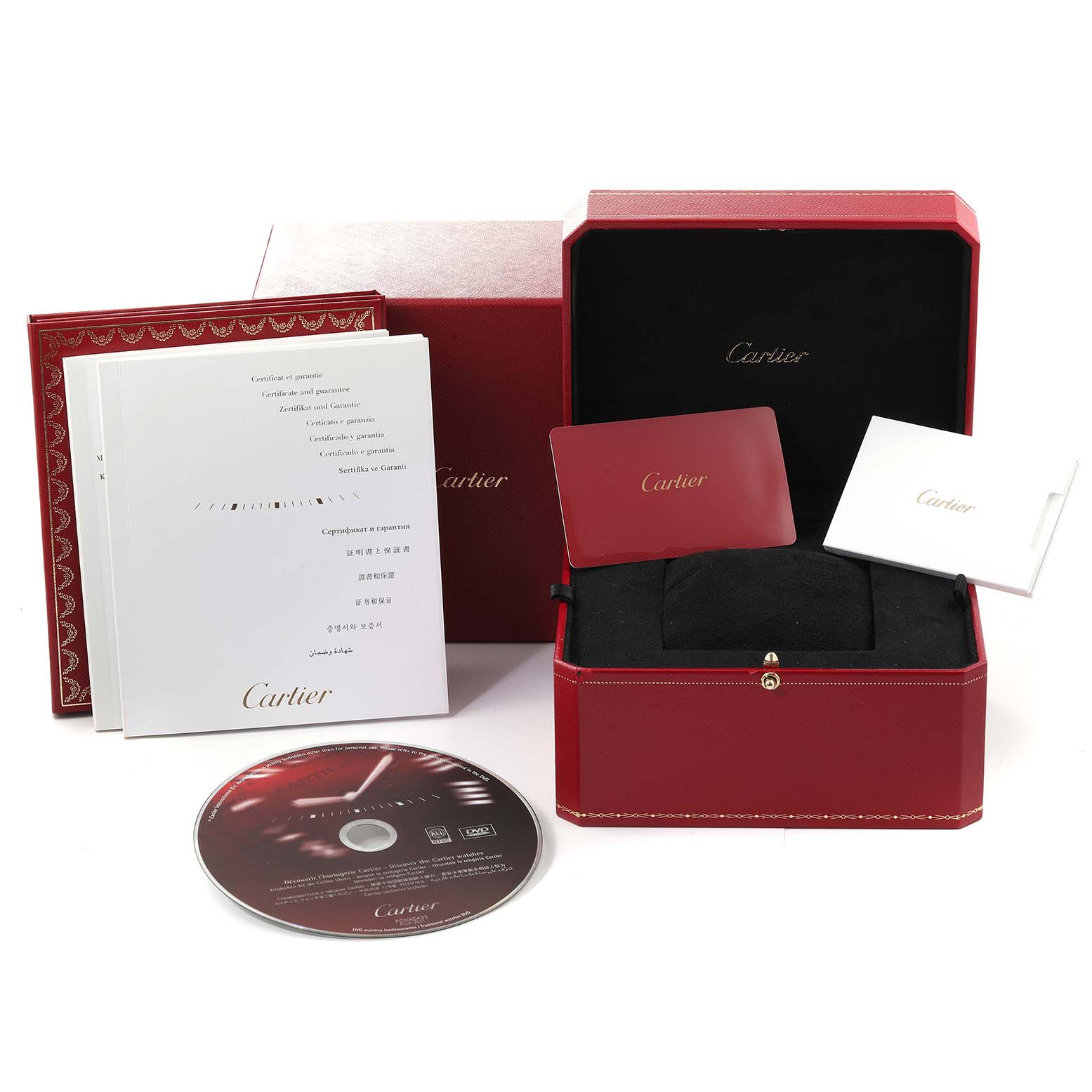 The image shows the packaging and accessories for a Cartier Ballon Bleu W4BB0015 Women
s Stainless Steel Silver Dial W4BB0015 Women
s Stainless Steel Silver Dial watch, including a red box, warranty card, and documentation.