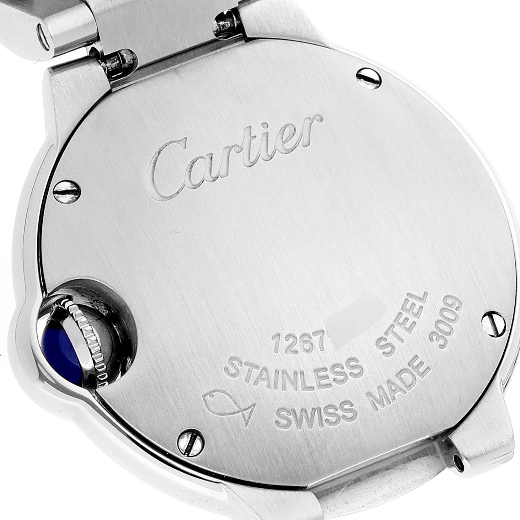 This image shows the back casing of a Cartier Ballon Bleu W4BB0015 Women
s Stainless Steel Silver Dial W4BB0015 Women
s Stainless Steel Silver Dial watch, highlighting its stainless steel design and engravings.