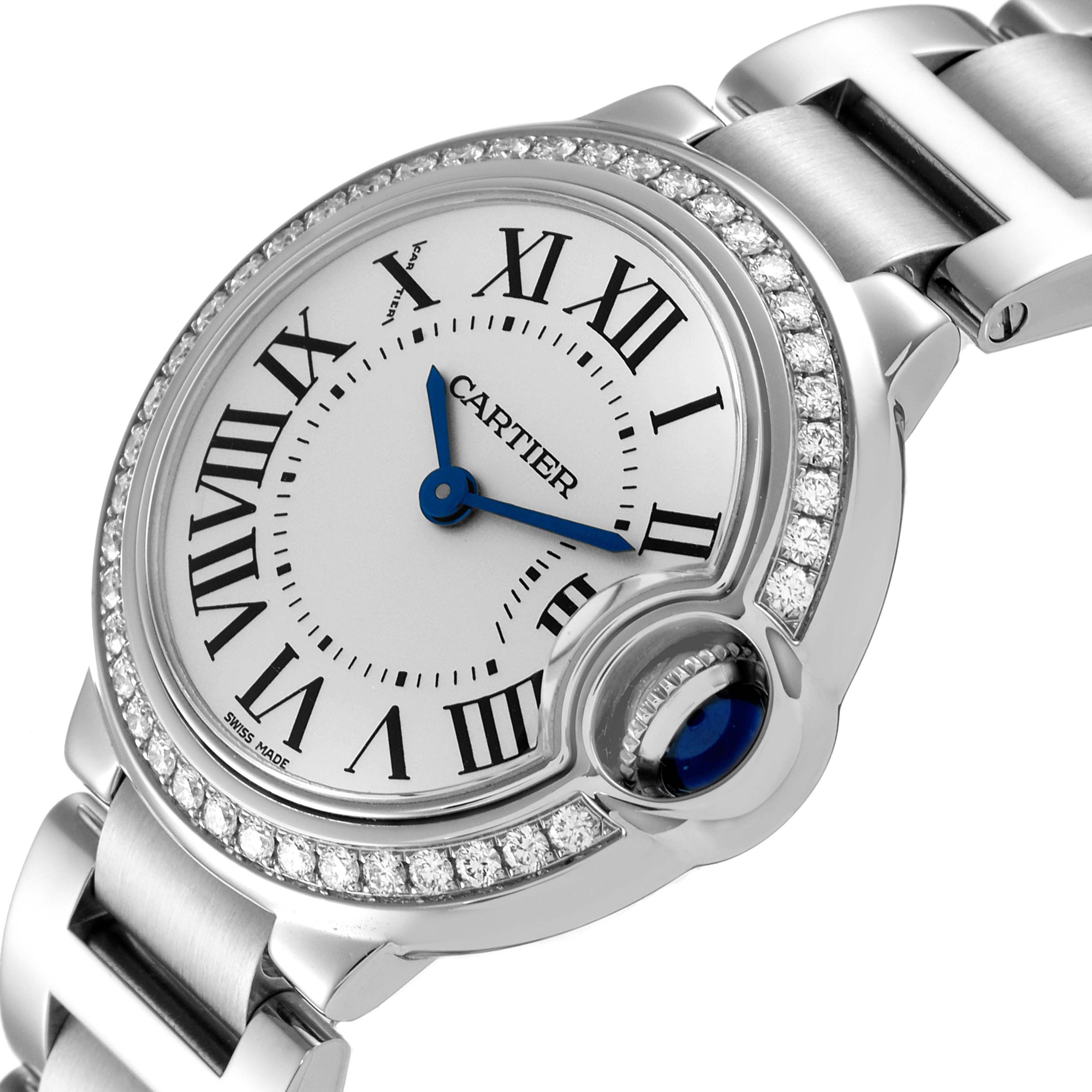 This is a close-up angled view of the Cartier Ballon Bleu W4BB0015 Women
s Stainless Steel Silver Dial W4BB0015 Women
s Stainless Steel Silver Dial watch, showcasing its face, diamond bezel, and metal bracelet.