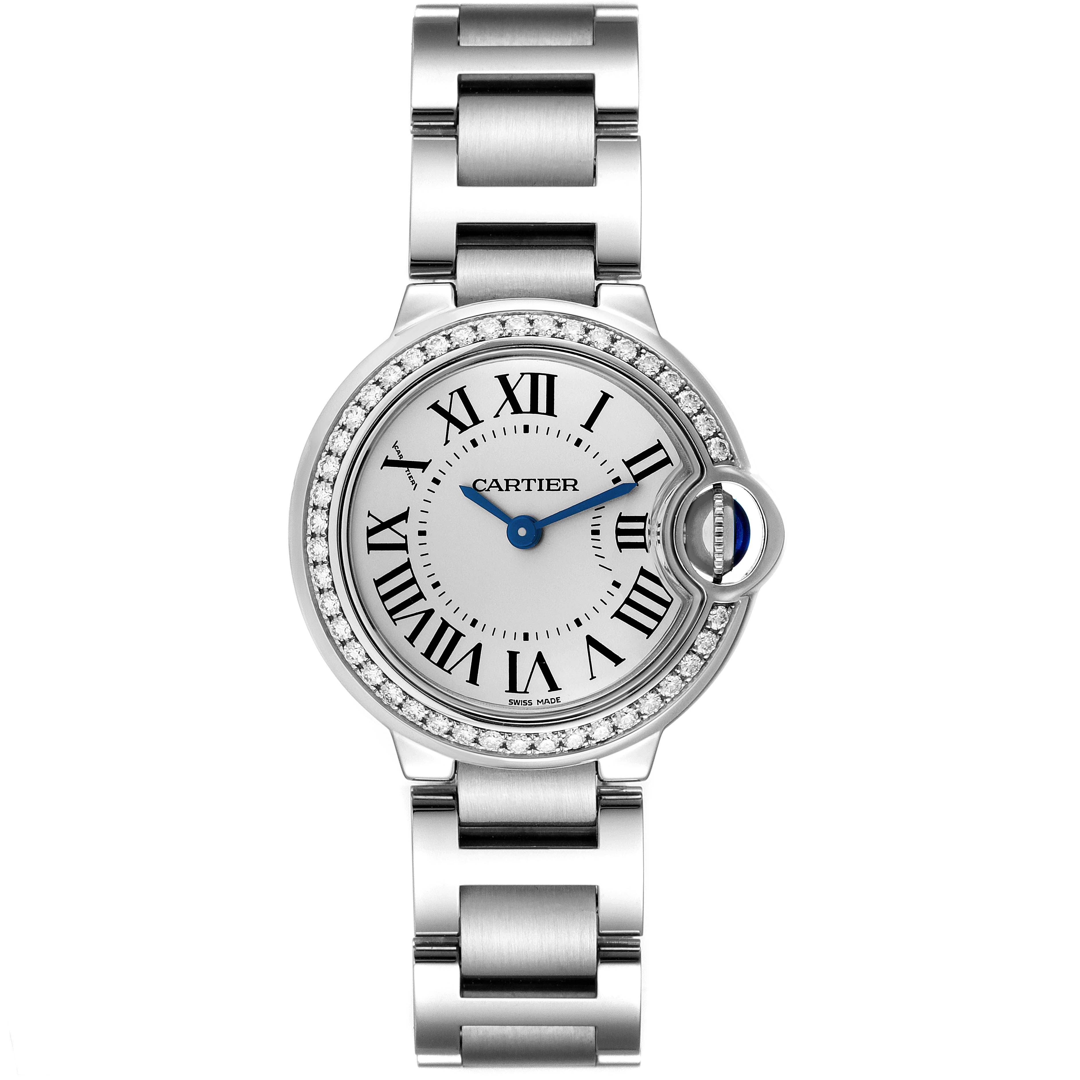 The image shows a frontal view of a Ballon Bleu watch by Cartier, displaying the face, bezel, and bracelet.