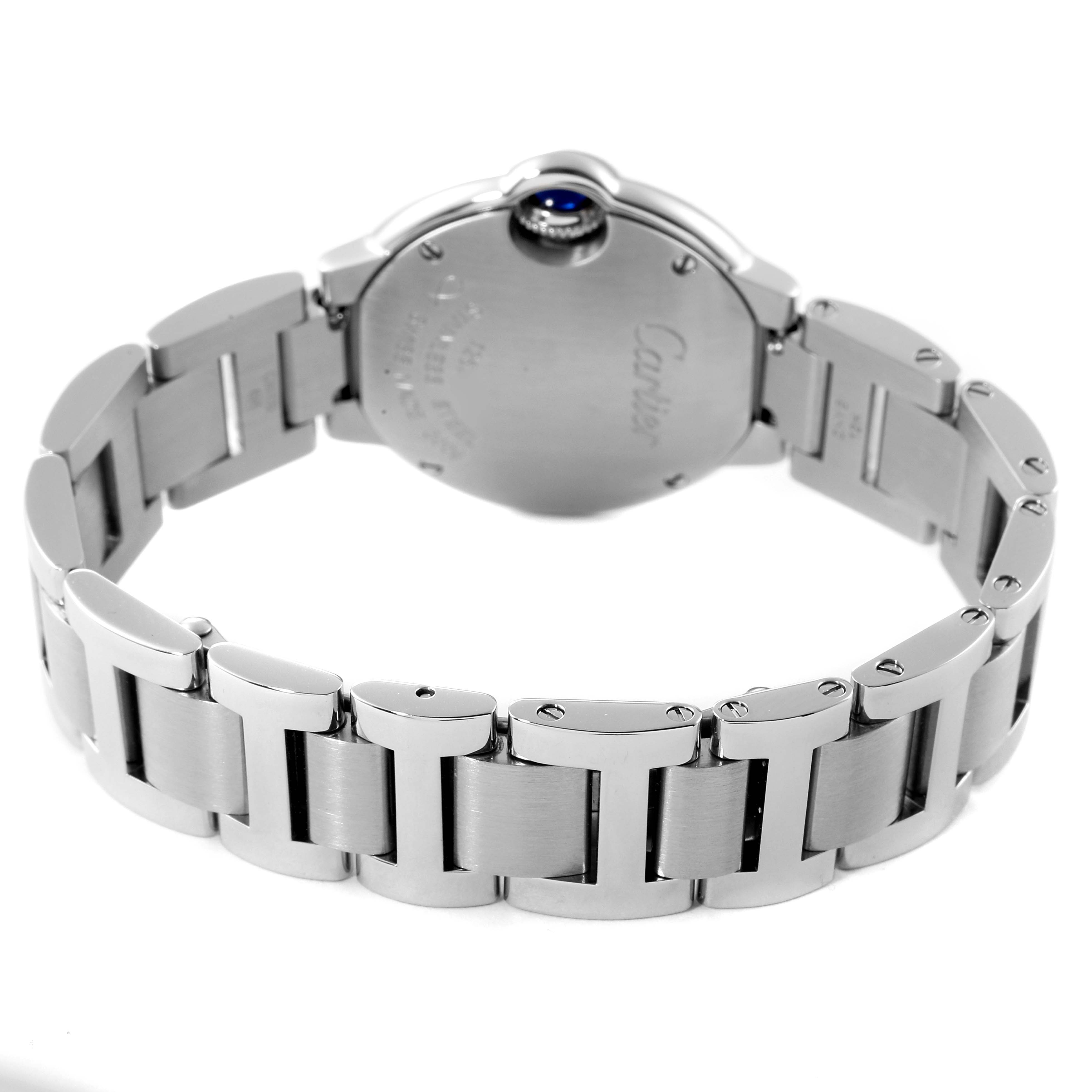 This image shows the back and bracelet of the Ballon Bleu model by Cartier.