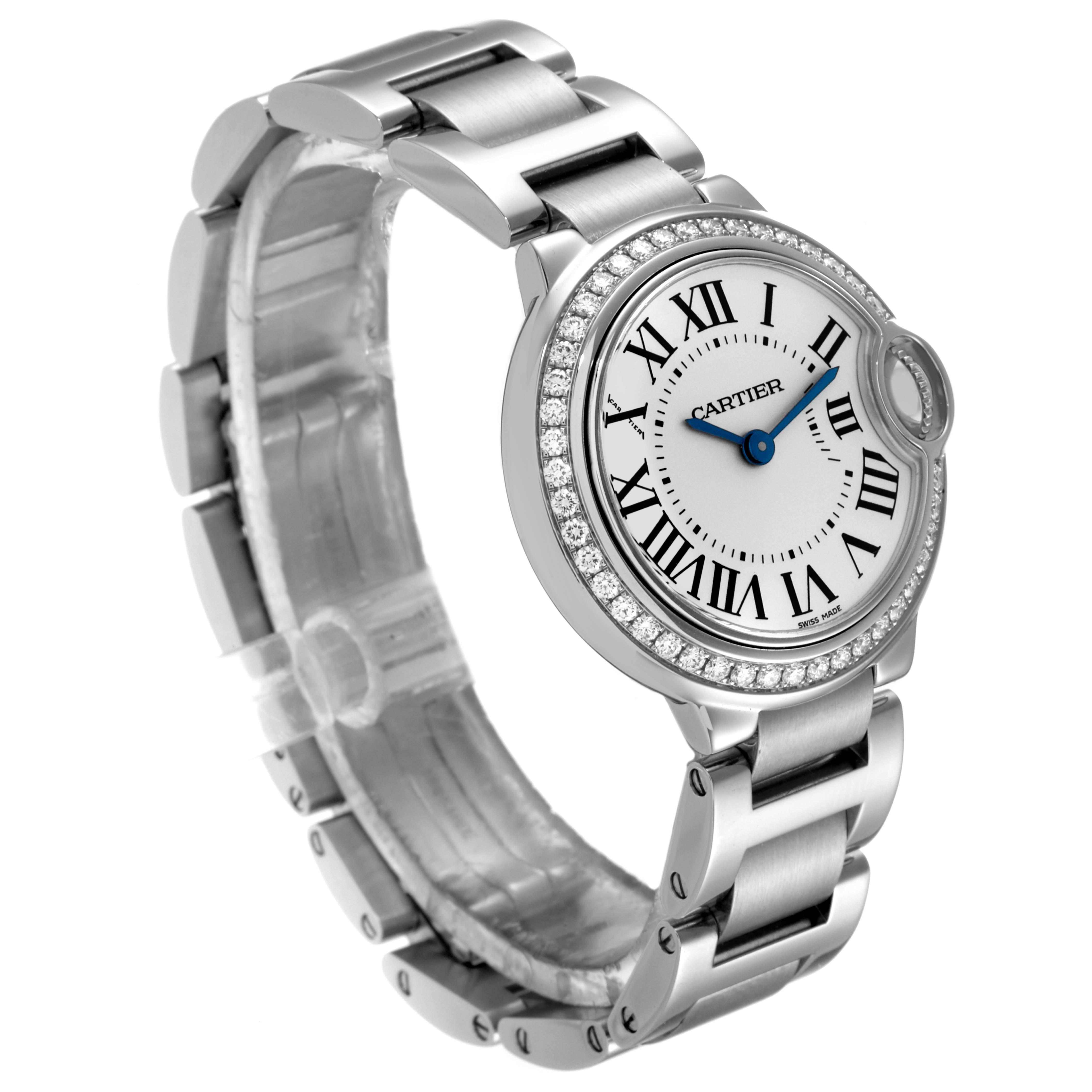 The image shows a side angle of the Cartier Ballon Bleu W4BB0015 Women
s Stainless Steel Silver Dial W4BB0015 Women
s Stainless Steel Silver Dial watch, highlighting the face, bracelet, and crown with diamonds on the bezel.