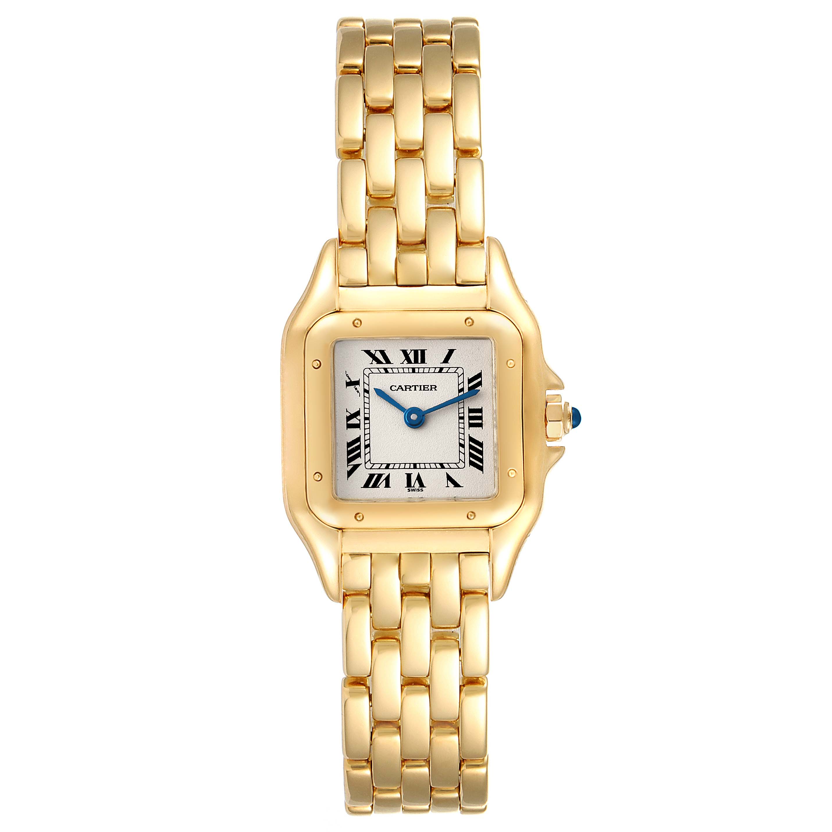 The image shows a Panthere model by Cartier, viewed from the front, highlighting its gold bracelet and rectangular face.