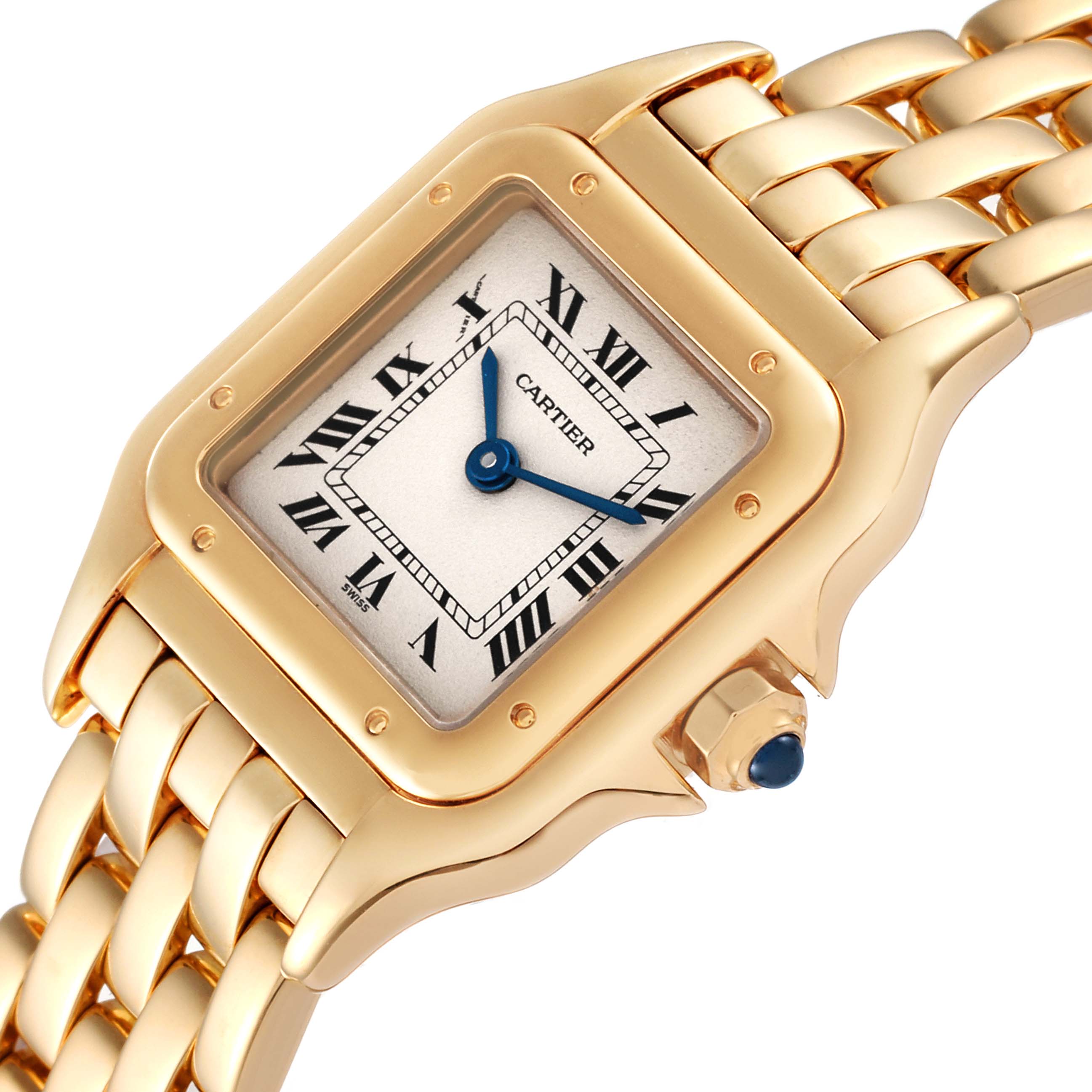 The image shows a close-up angle of a Panthere de Cartier watch displaying the face, bezel, and part of the band.