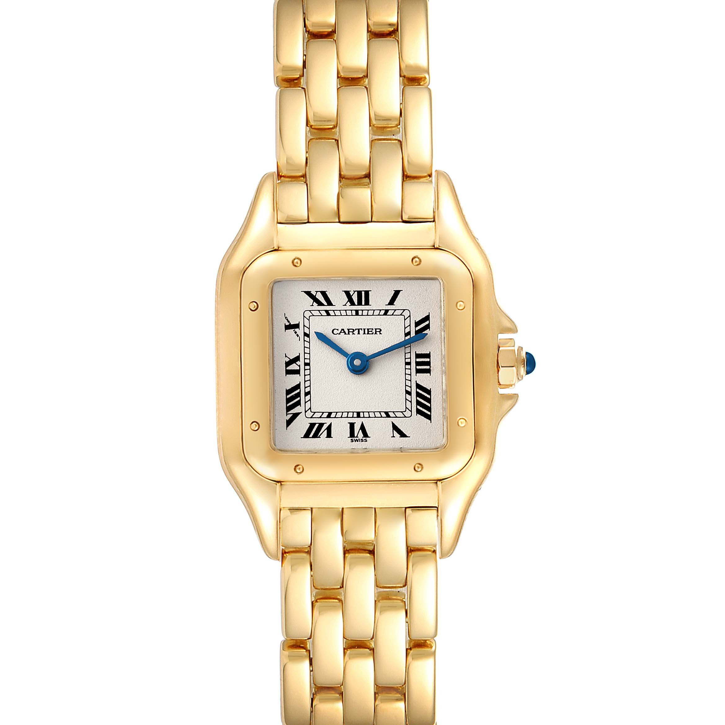 The image shows a front view of the Cartier Panthere W25022B9 Women's Yellow Gold Silver Dial W25022B9 Women's Yellow Gold Silver Dial watch, displaying its gold bracelet, square dial with Roman numerals, and blue hands.