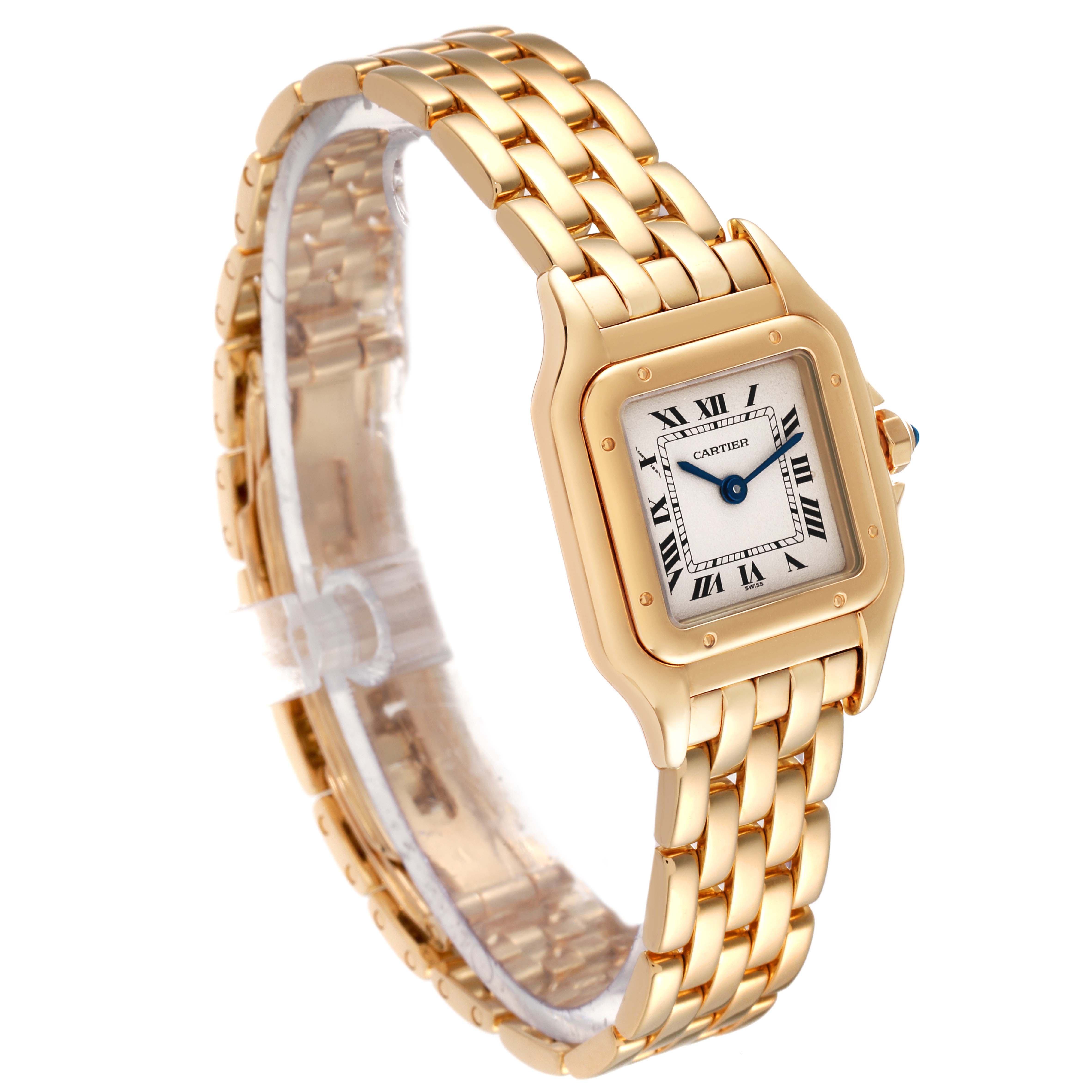This image shows the Cartier Panthere W25022B9 Women's Yellow Gold Silver Dial W25022B9 Women's Yellow Gold Silver Dial watch angled from the front-left, highlighting its gold bracelet, case, and dial.
