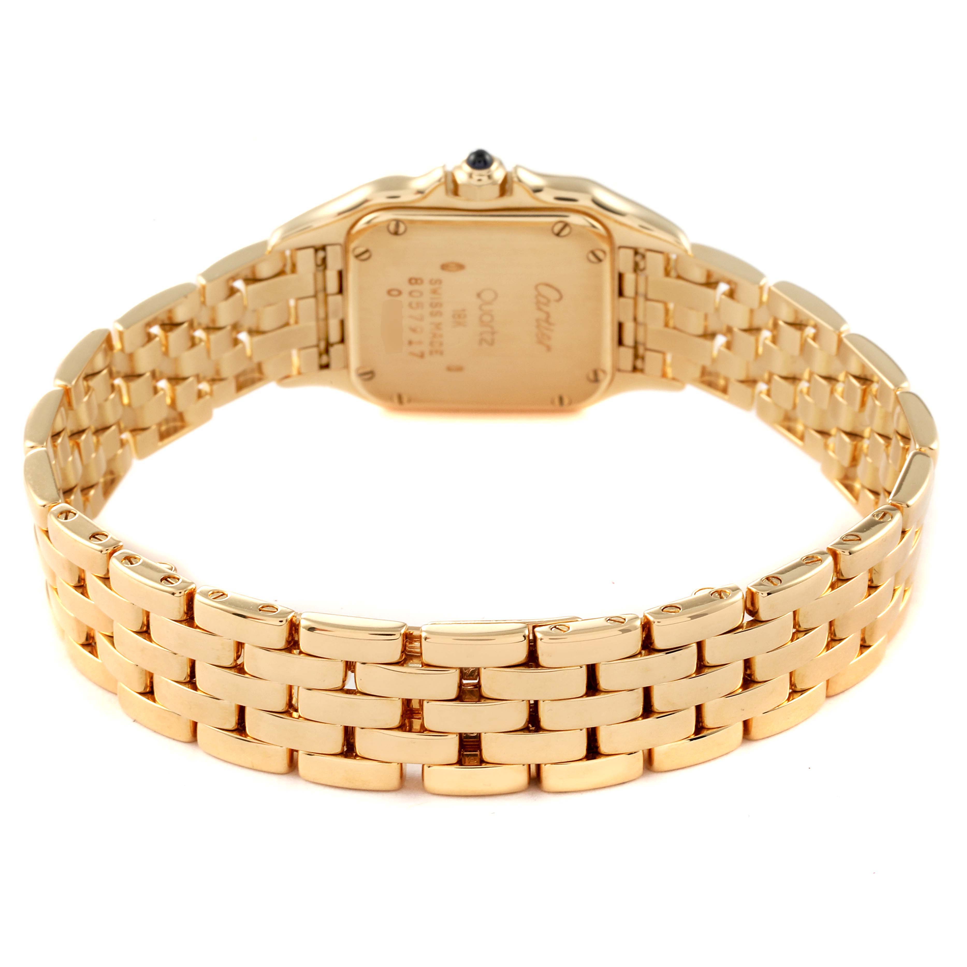 The image shows the back of the gold Cartier Panthere W25022B9 Women's Yellow Gold Silver Dial W25022B9 Women's Yellow Gold Silver Dial watch, focusing on its case and bracelet.