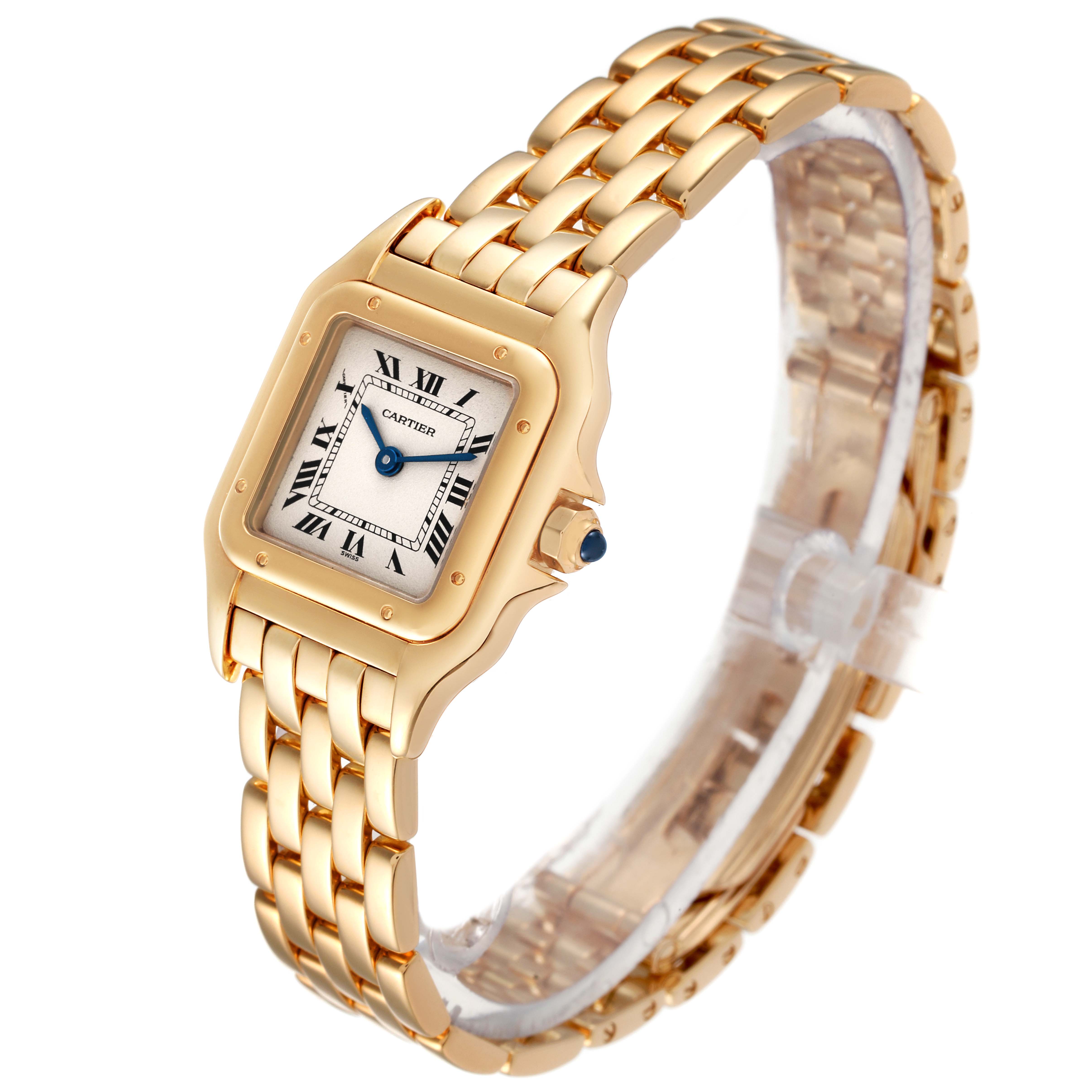 The image shows a Panthere model by Cartier at an angle highlighting its face, band, and crown.