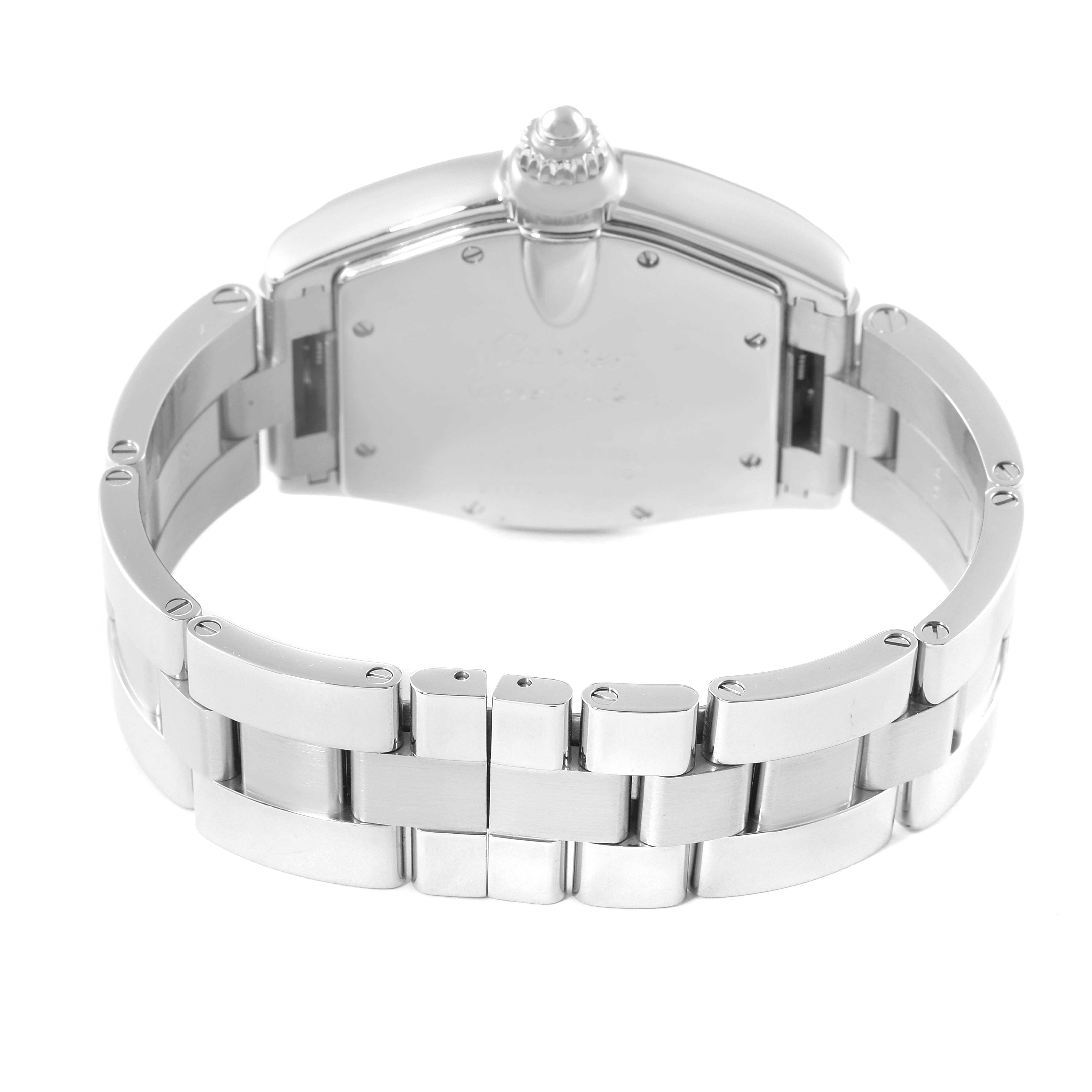 The image shows the back and the metal bracelet of the Cartier Roadster W62025V3 Men
s Stainless Steel Silver Dial W62025V3 Men
s Stainless Steel Silver Dial watch from a rear angle.