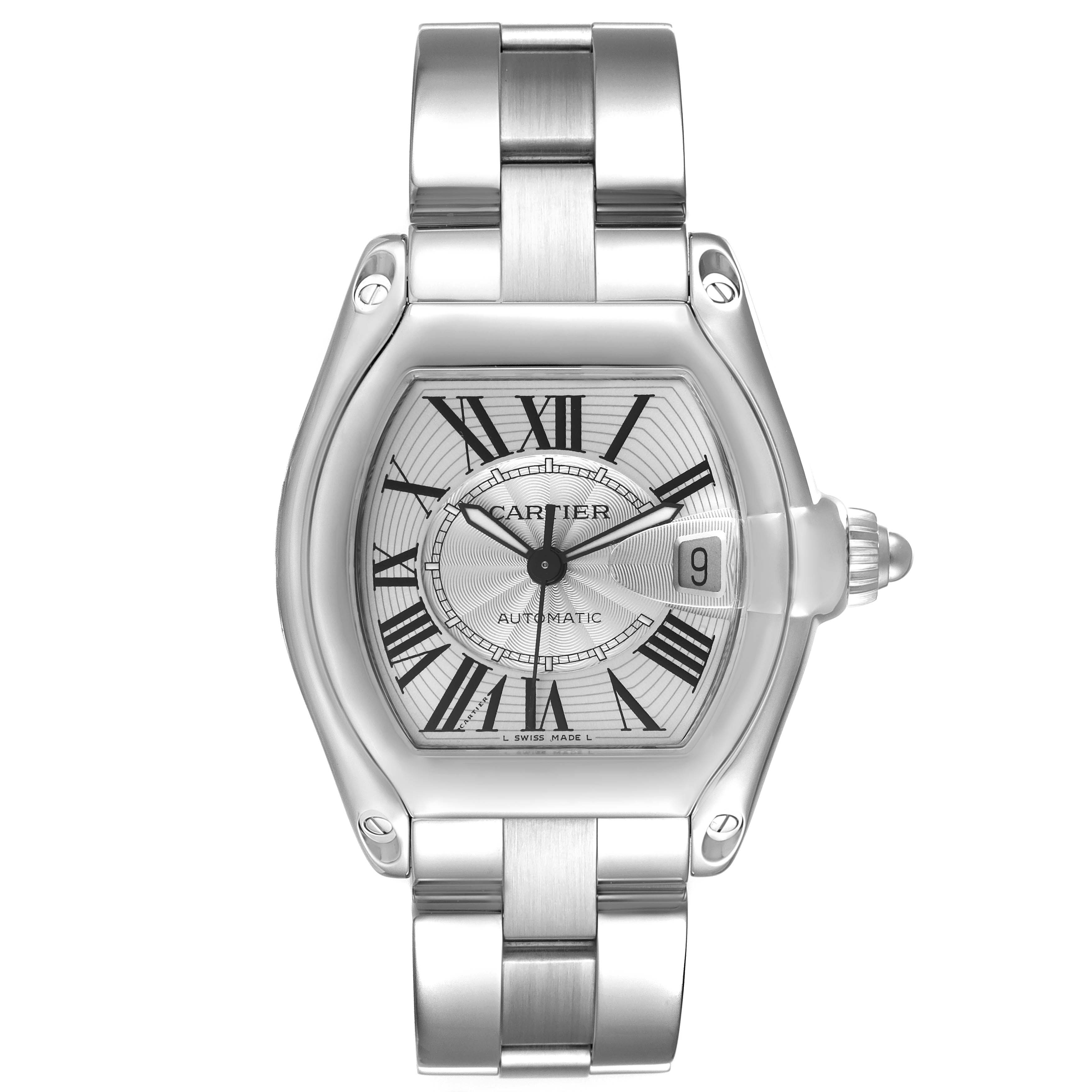 This image shows a front view of the Cartier Roadster W62025V3 Men
s Stainless Steel Silver Dial W62025V3 Men
s Stainless Steel Silver Dial watch, displaying its face, bracelet, and crown.