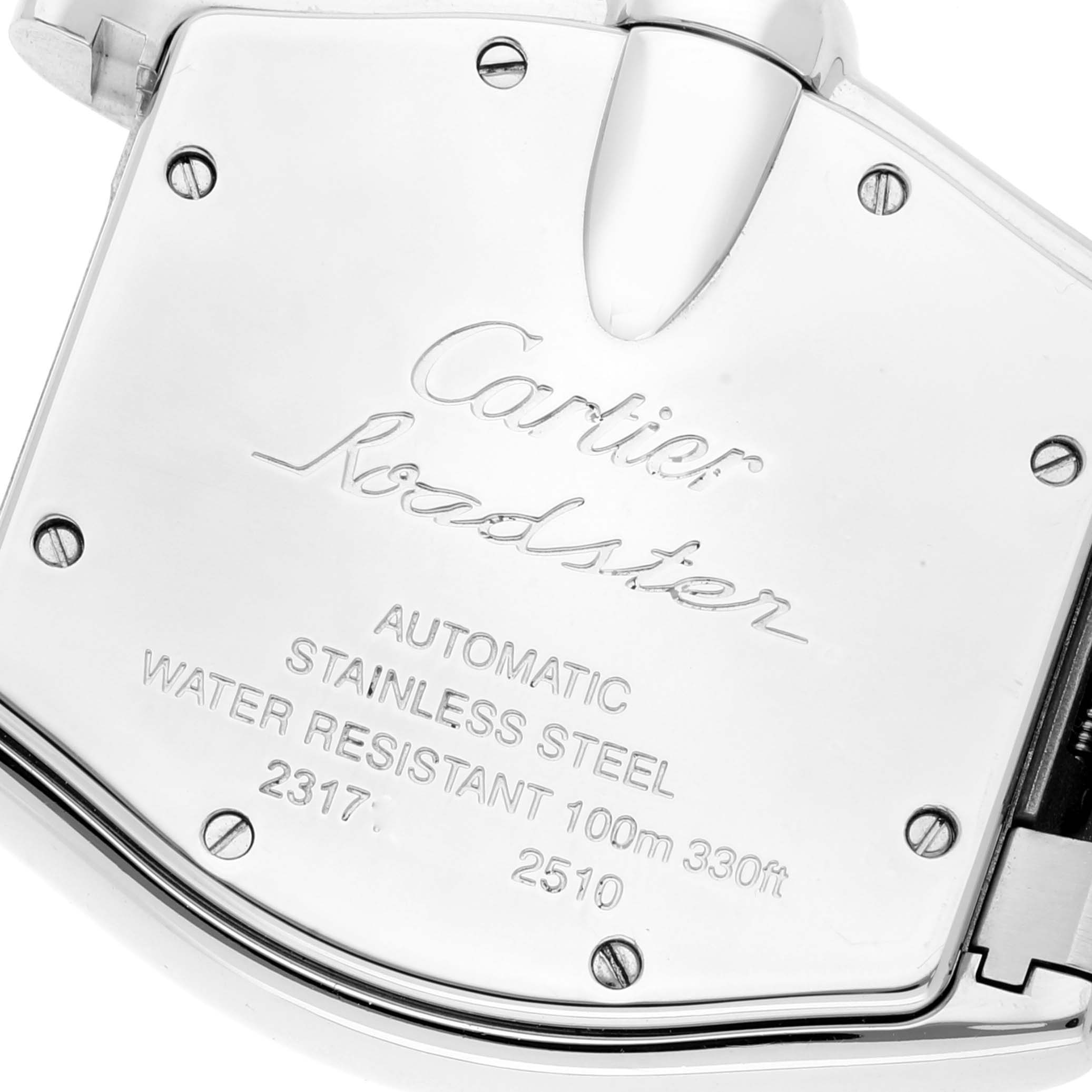 The image shows the back of a Cartier Roadster W62025V3 Men
s Stainless Steel Silver Dial W62025V3 Men
s Stainless Steel Silver Dial watch, highlighting the model and material details.