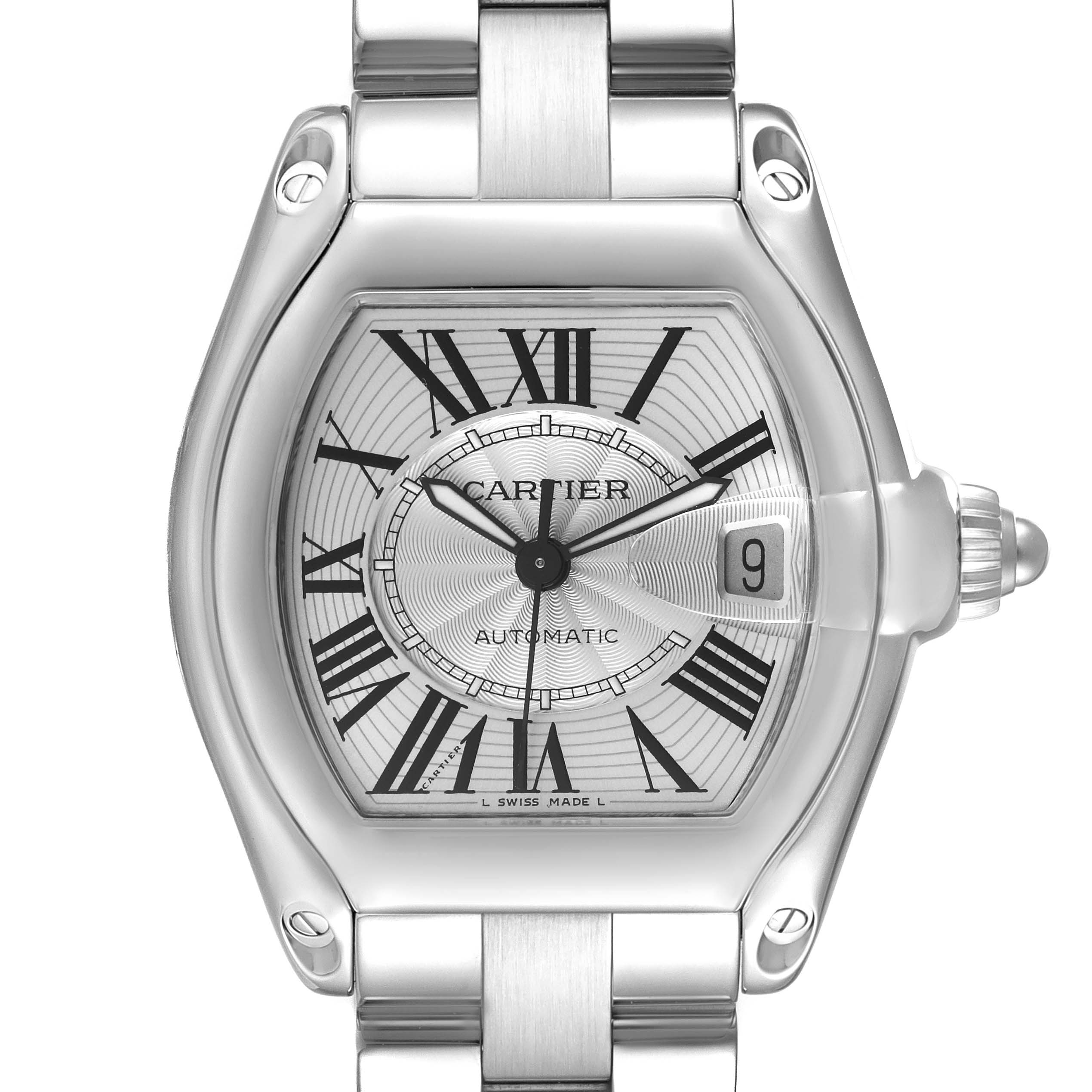 This image shows a front view of a Cartier Roadster W62025V3 Men
s Stainless Steel Silver Dial W62025V3 Men
s Stainless Steel Silver Dial watch, featuring its face, bezel, and part of the bracelet.