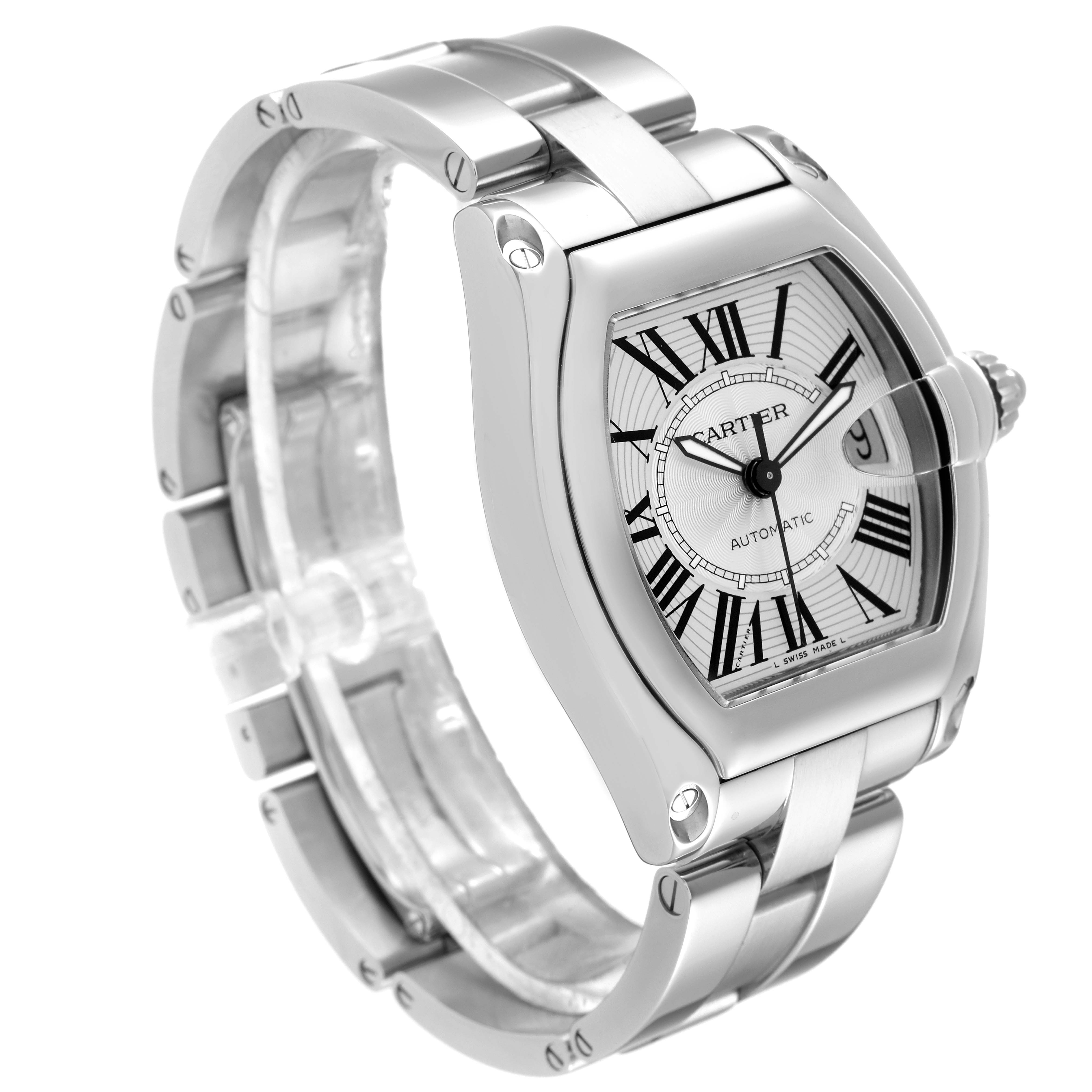 The image shows a Cartier Roadster W62025V3 Men
s Stainless Steel Silver Dial W62025V3 Men
s Stainless Steel Silver Dial watch, viewed from an angled side perspective highlighting the watch face and bracelet.
