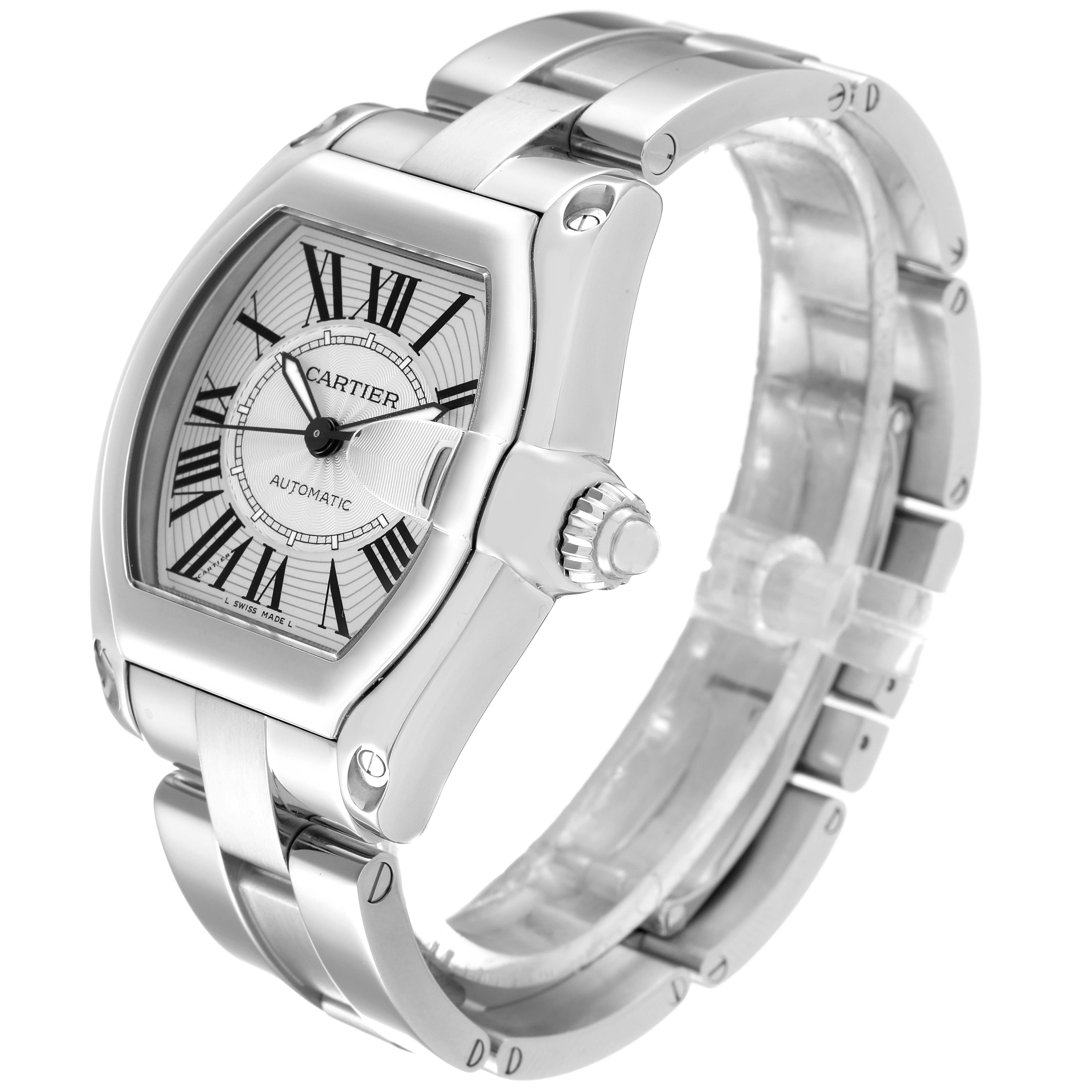 The Cartier Roadster W62025V3 Men
s Stainless Steel Silver Dial W62025V3 Men
s Stainless Steel Silver Dial watch is shown at an angle highlighting the face, crown, and part of the metal bracelet.