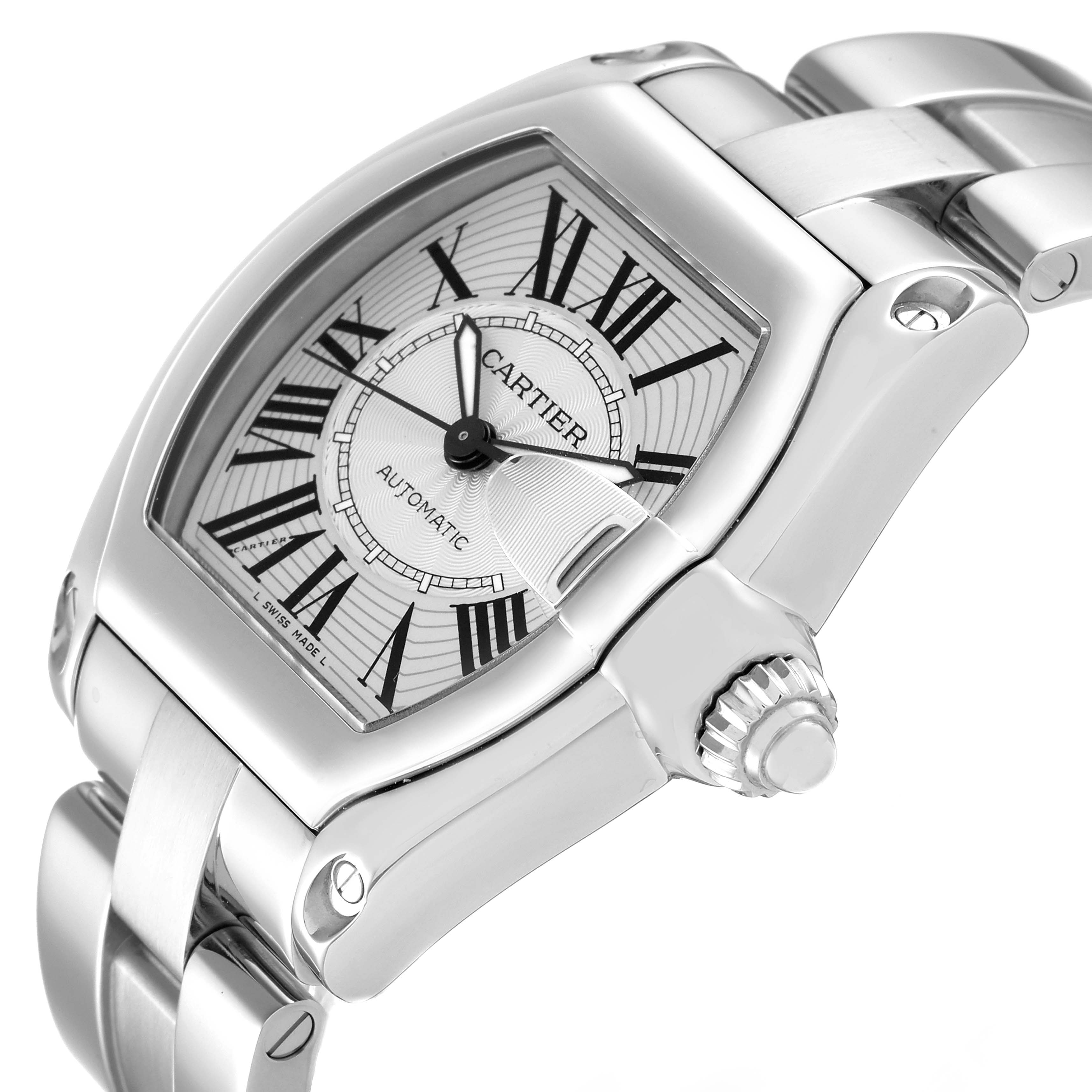 This image shows a close-up of the face, case, and part of the bracelet of a Cartier Roadster W62025V3 Men
s Stainless Steel Silver Dial W62025V3 Men
s Stainless Steel Silver Dial watch.