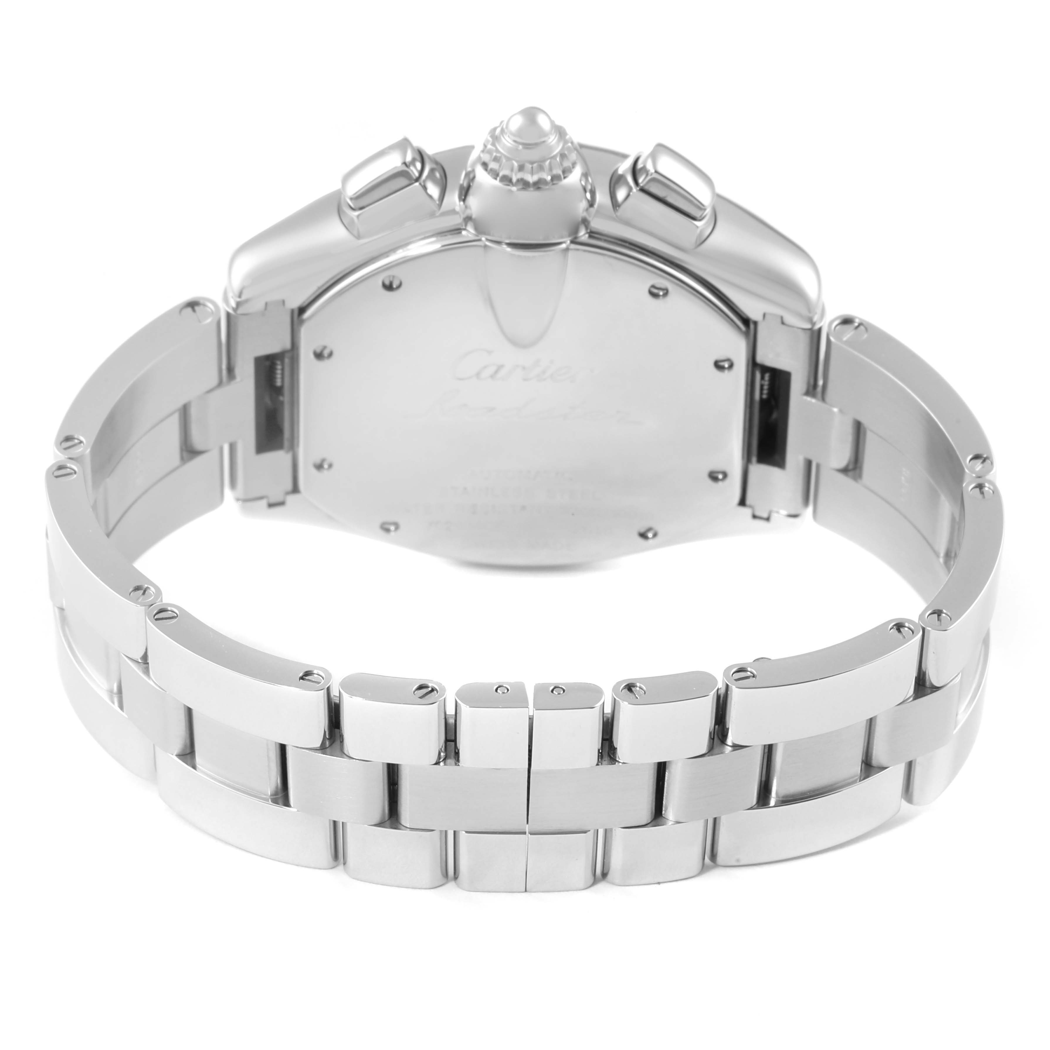 The image shows the back case and bracelet of the Cartier Roadster W62019X6 Men
s Stainless Steel Silver Dial W62019X6 Men
s Stainless Steel Silver Dial watch from a rear angle.