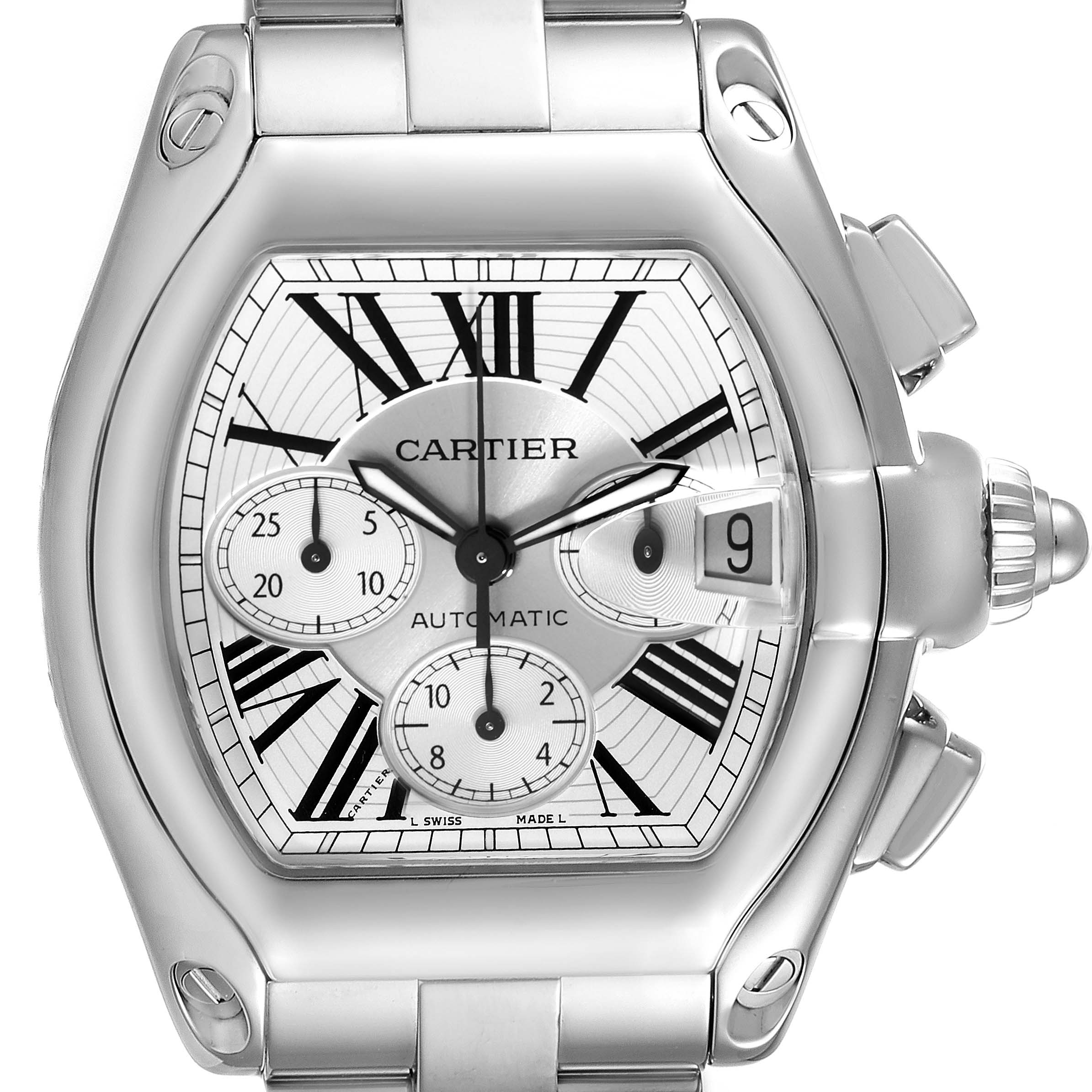 The image shows the full face and bezel of the Cartier Roadster W62019X6 Men
s Stainless Steel Silver Dial W62019X6 Men
s Stainless Steel Silver Dial watch, featuring Roman numerals and subdials.