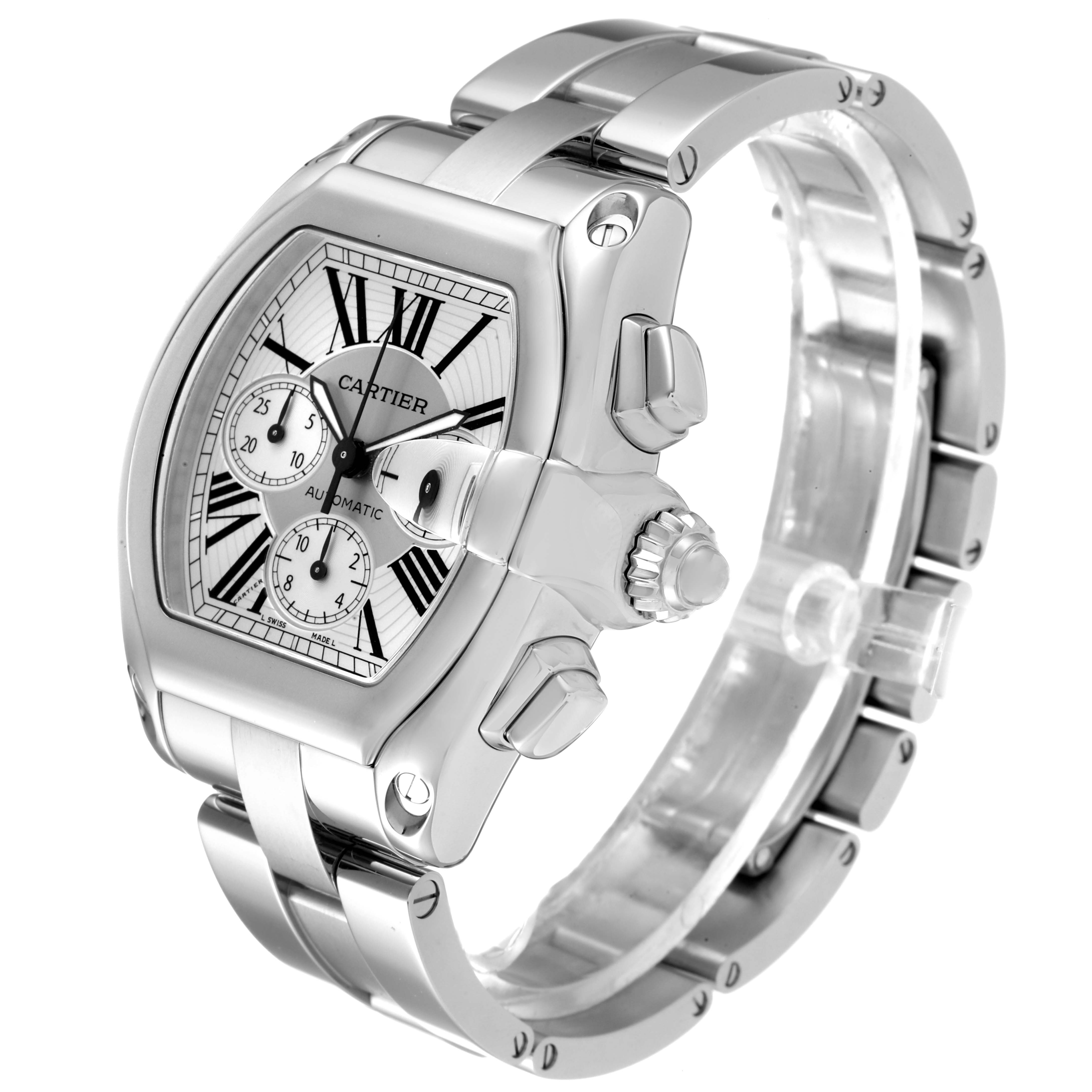 The Cartier Roadster W62019X6 Men
s Stainless Steel Silver Dial W62019X6 Men
s Stainless Steel Silver Dial watch is shown from an angled side view, highlighting the face, crown, and stainless steel bracelet.