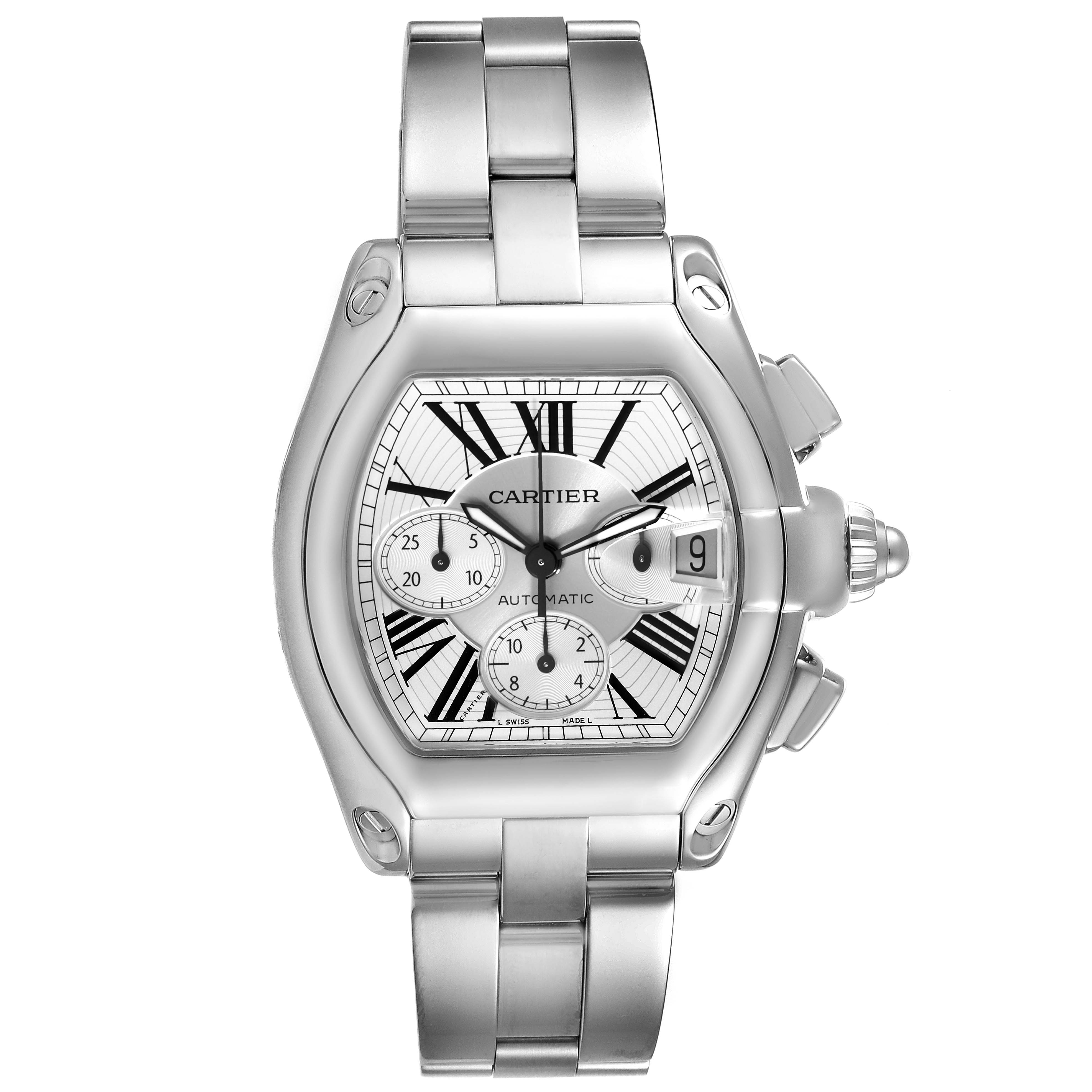 This image shows a front view of the Cartier Roadster W62019X6 Men
s Stainless Steel Silver Dial W62019X6 Men
s Stainless Steel Silver Dial watch, displaying its face, stainless steel bracelet, and crown.