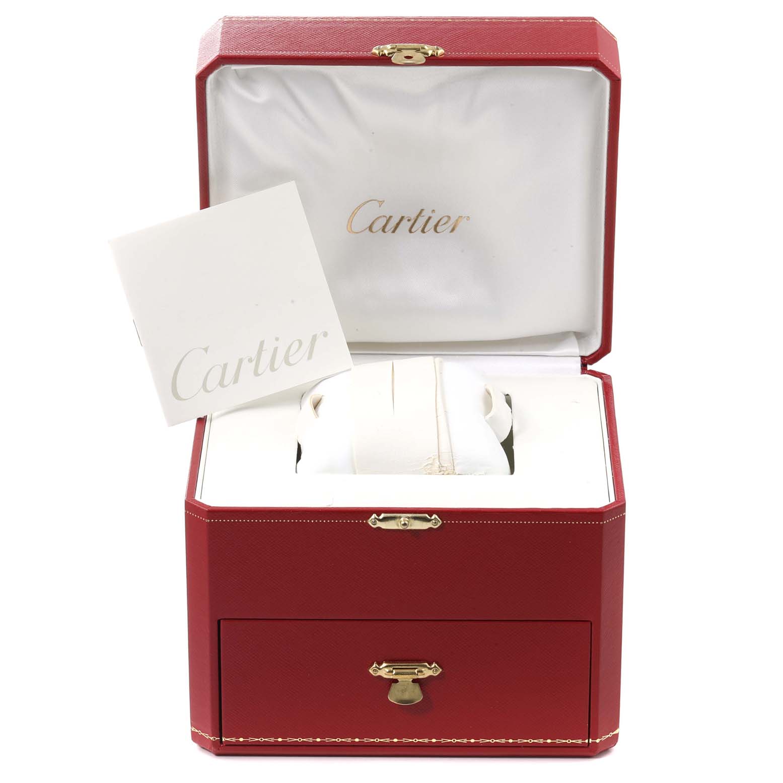 The image shows the opened box and packaging for a Cartier Roadster W62019X6 Men
s Stainless Steel Silver Dial W62019X6 Men
s Stainless Steel Silver Dial watch, with a booklet and display pillow.