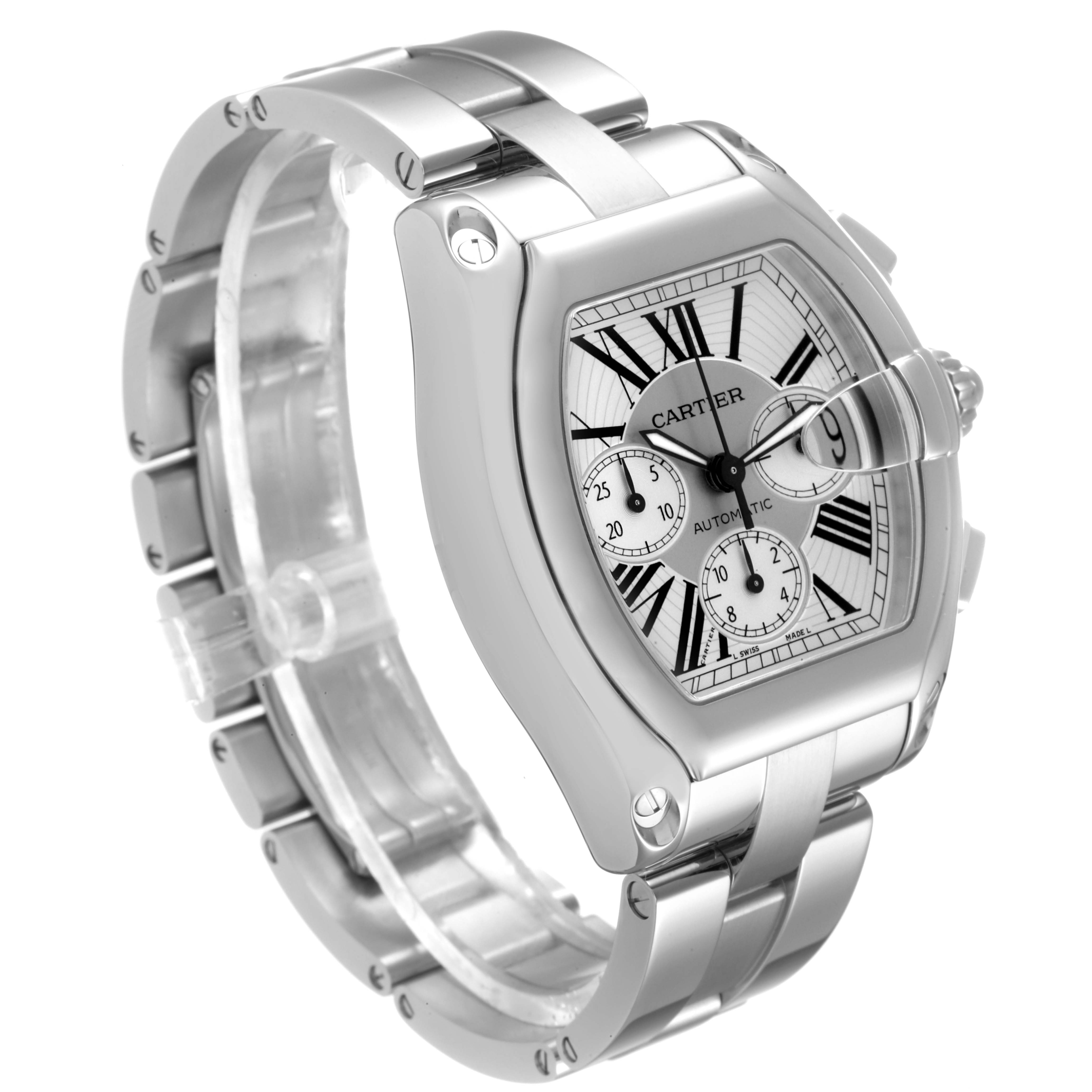 The image shows a Cartier Roadster W62019X6 Men
s Stainless Steel Silver Dial W62019X6 Men
s Stainless Steel Silver Dial watch at an angled front view, highlighting the dial, case, bracelet, and crown.