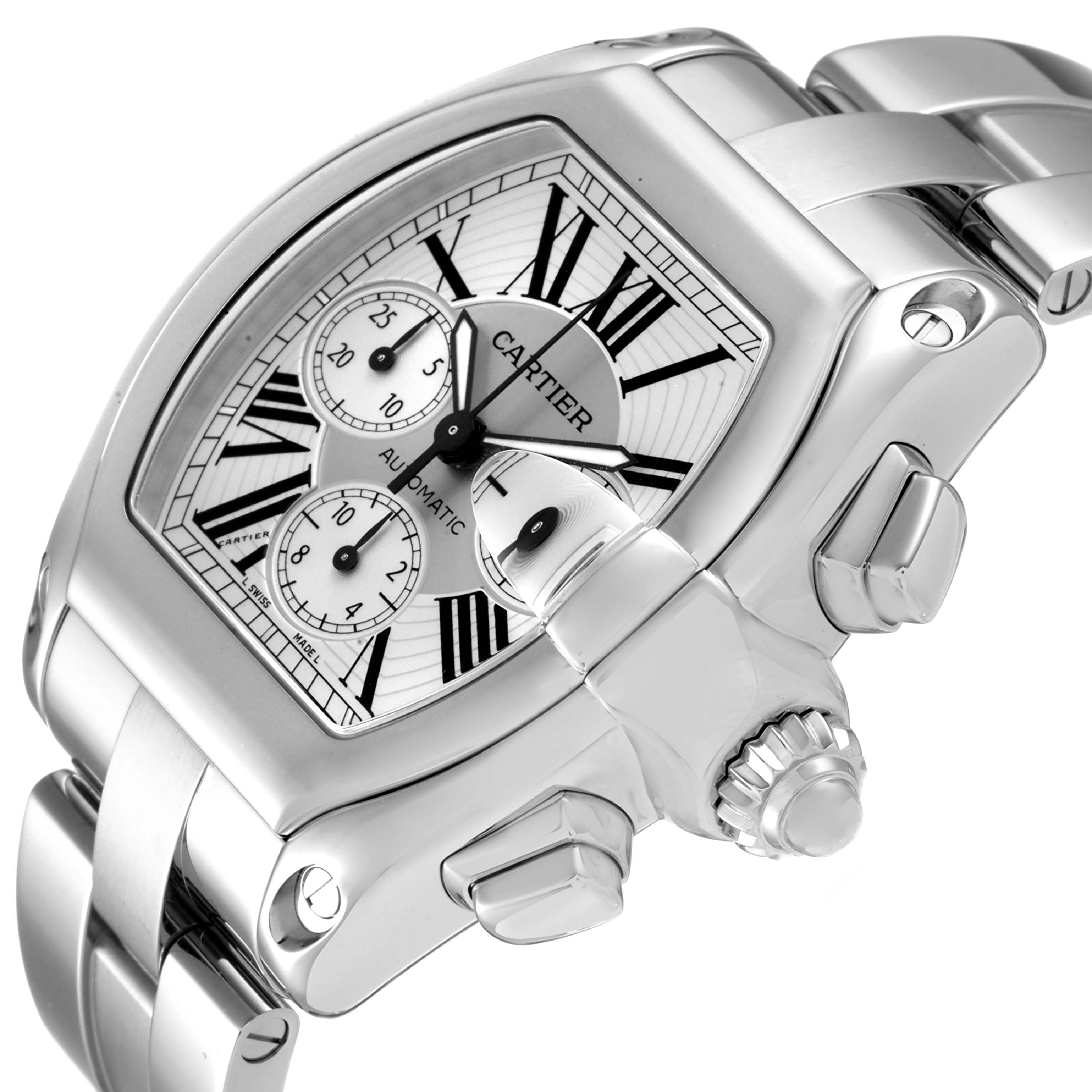 The image shows a close-up, side angle of the Cartier Roadster W62019X6 Men
s Stainless Steel Silver Dial W62019X6 Men
s Stainless Steel Silver Dial watch, highlighting the dial, crown, and chronograph pushers.