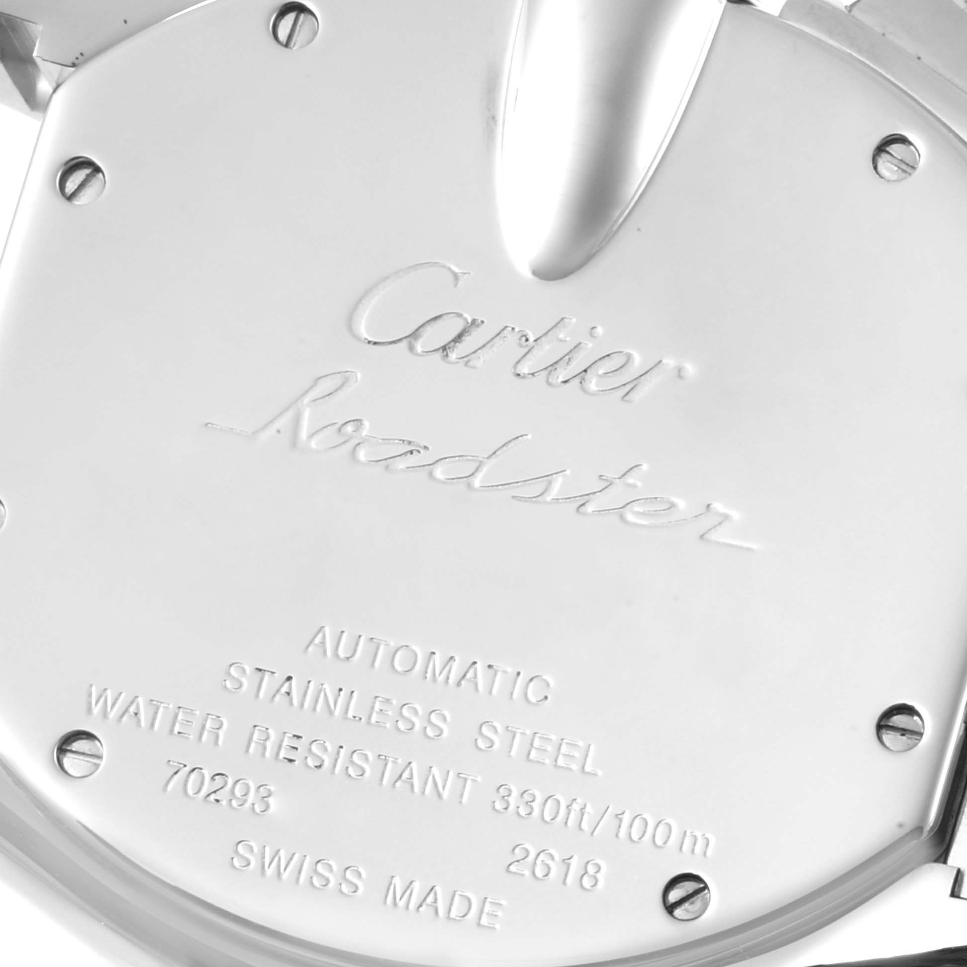 The image shows the back of a Cartier Roadster W62019X6 Men
s Stainless Steel Silver Dial W62019X6 Men
s Stainless Steel Silver Dial watch, featuring engravings about the model and specifications.