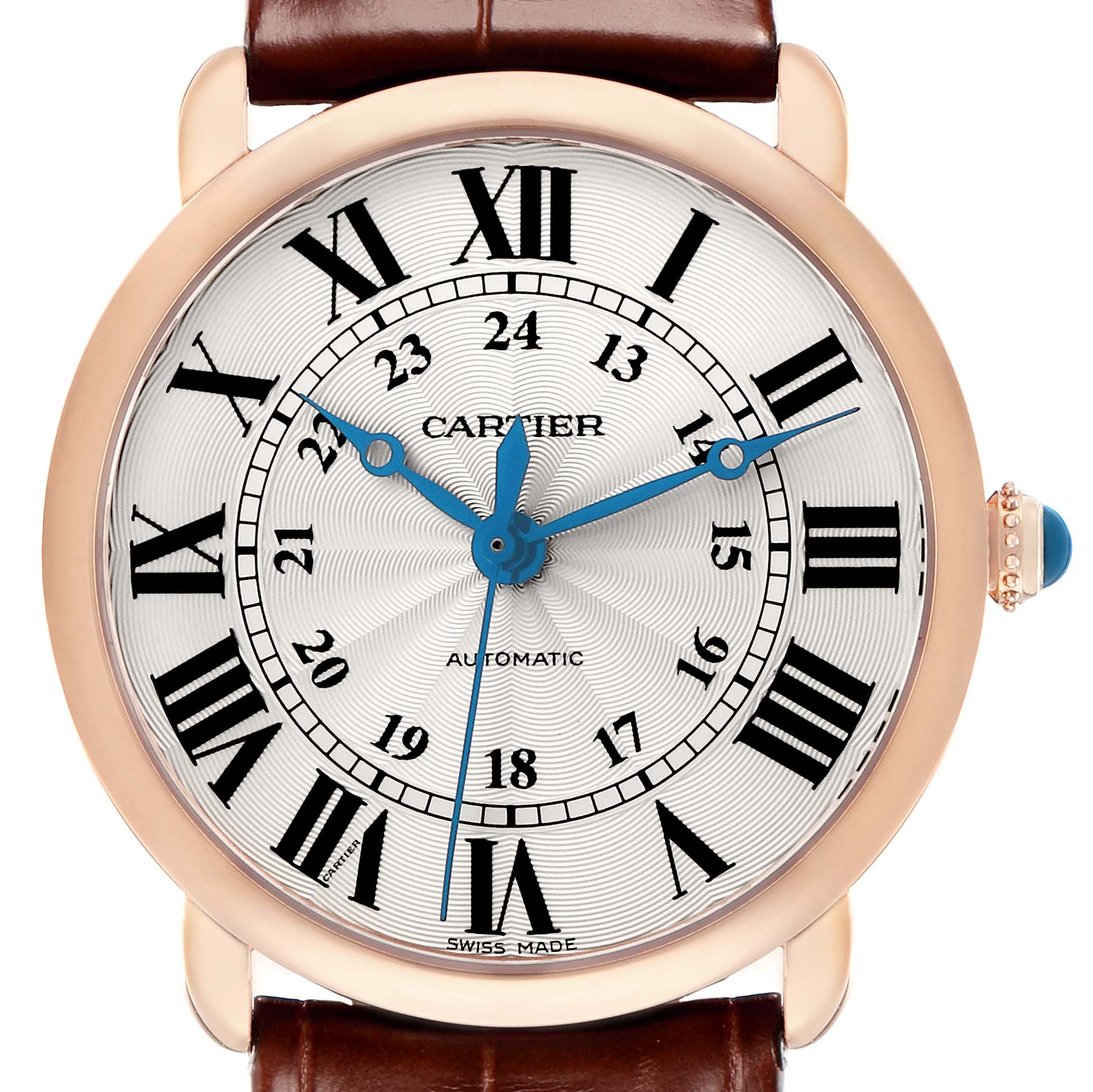 The Cartier Ronde WGRN0006 Men
s Rose Gold Silver Dial model watch is shown face-on, displaying its dial, Roman numerals, hands, and crown.