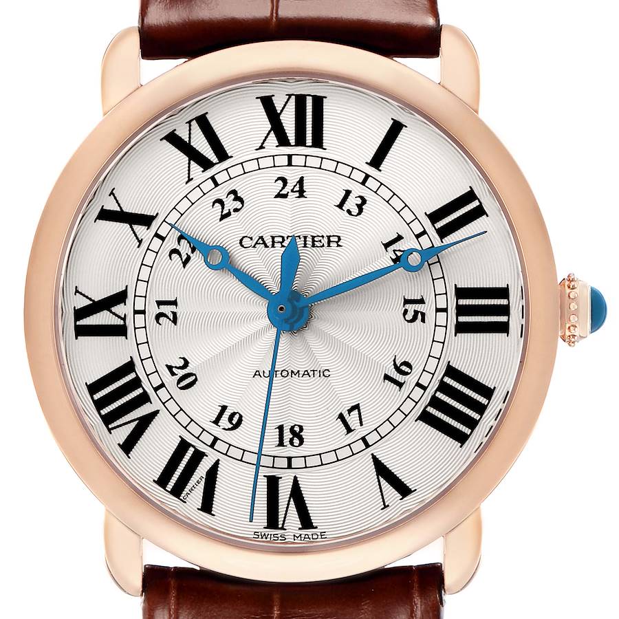 The Cartier Ronde WGRN0006 Men's Rose Gold Silver Dial model watch is shown face-on, displaying its dial, Roman numerals, hands, and crown.