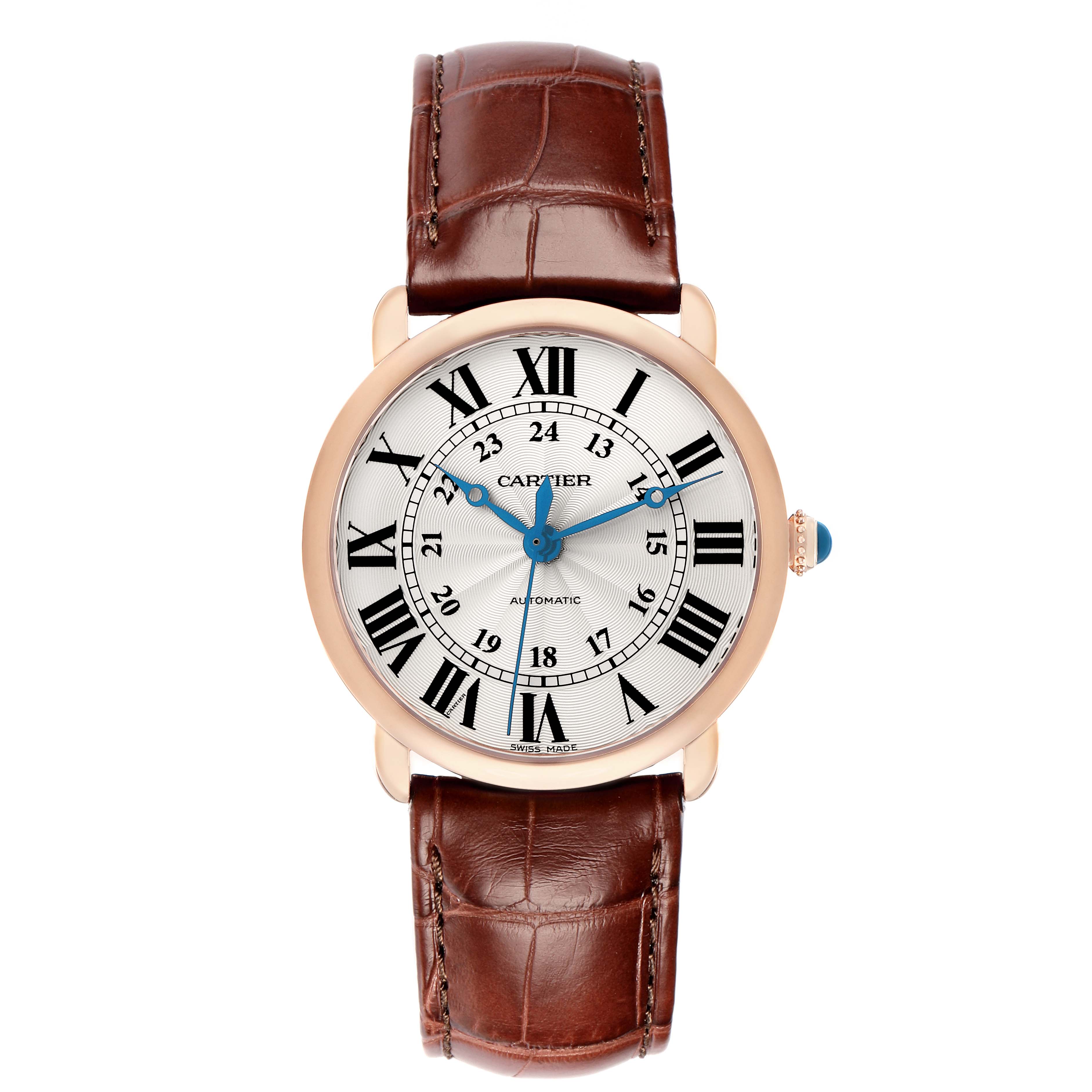 The Cartier Ronde WGRN0006 Men
s Rose Gold Silver Dial watch is shown from a top-down angle, highlighting its dial, Roman numerals, and brown leather strap.