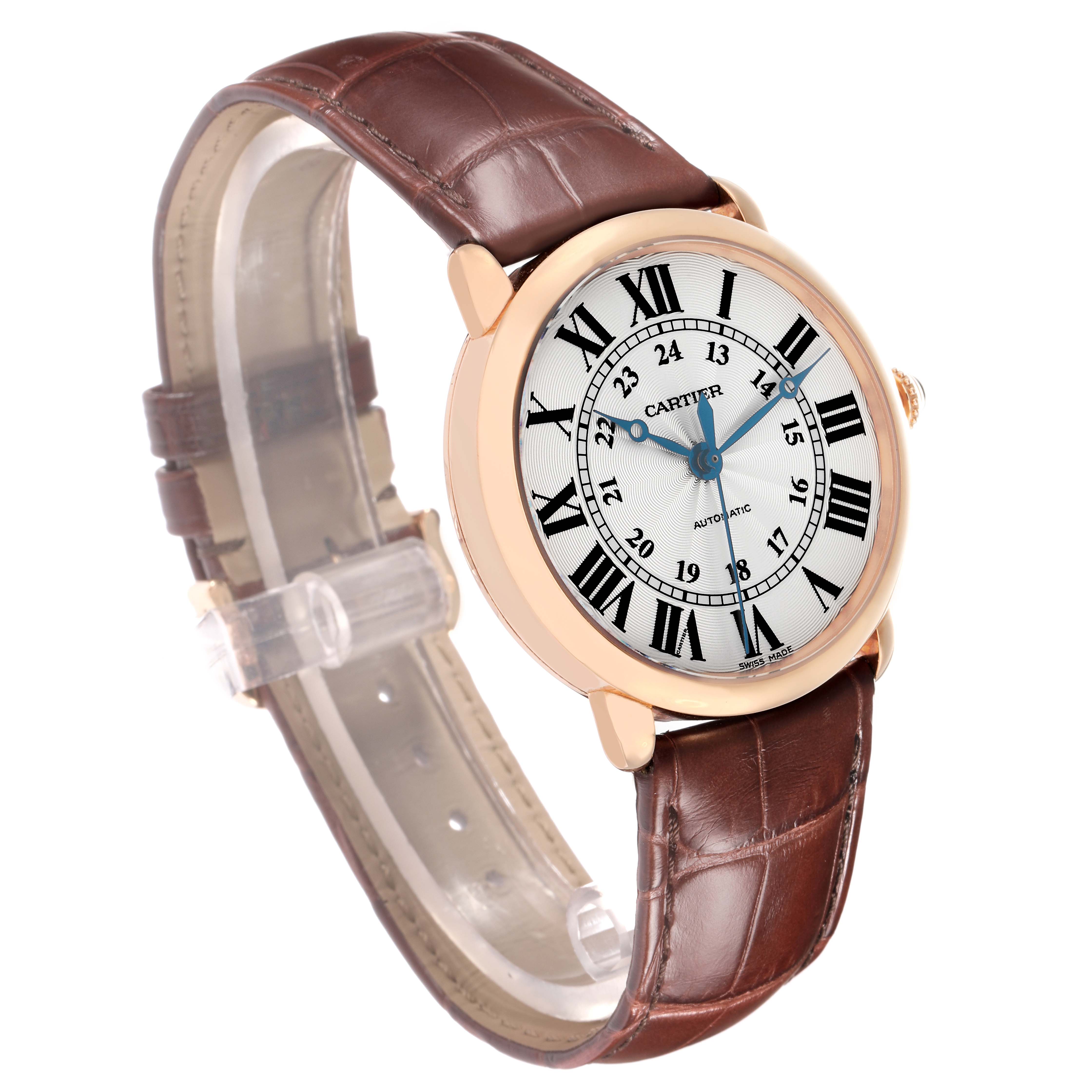 The Cartier Ronde WGRN0006 Men
s Rose Gold Silver Dial watch is shown at a slight angle, highlighting the face, case, and leather strap.