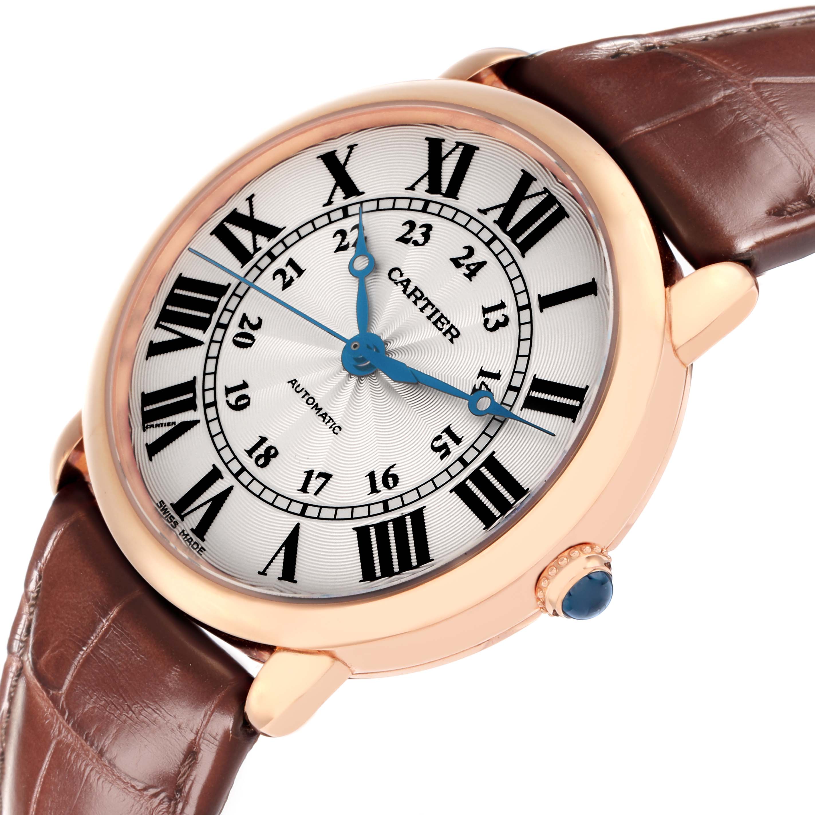 The image shows a Cartier Ronde WGRN0006 Men
s Rose Gold Silver Dial watch from an angled side view, highlighting the dial, hands, and part of the leather strap.