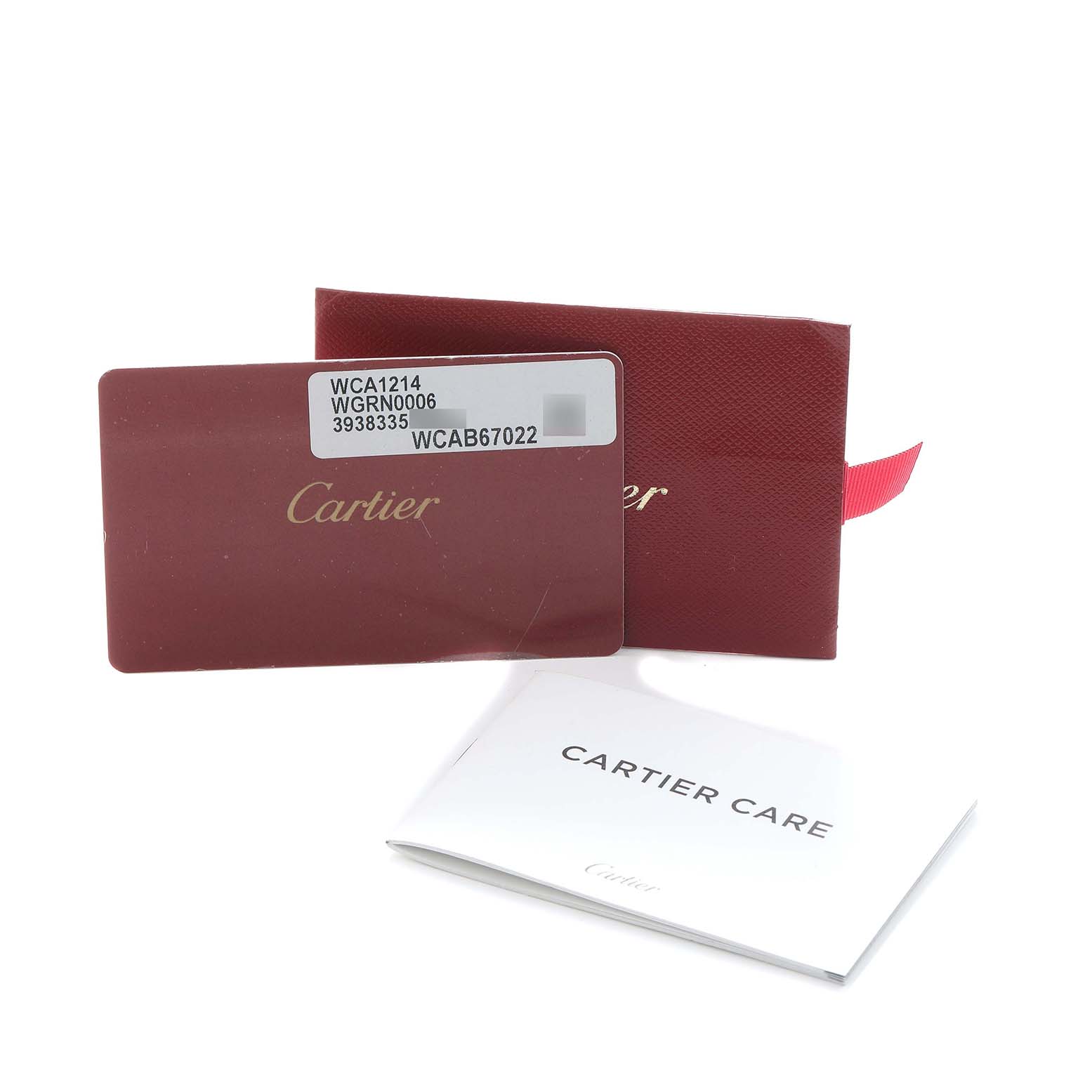 The image shows Cartier Ronde WGRN0006 Men
s Rose Gold Silver Dial model accessories including a certificate card, a red envelope, and a "Cartier Care" booklet.
