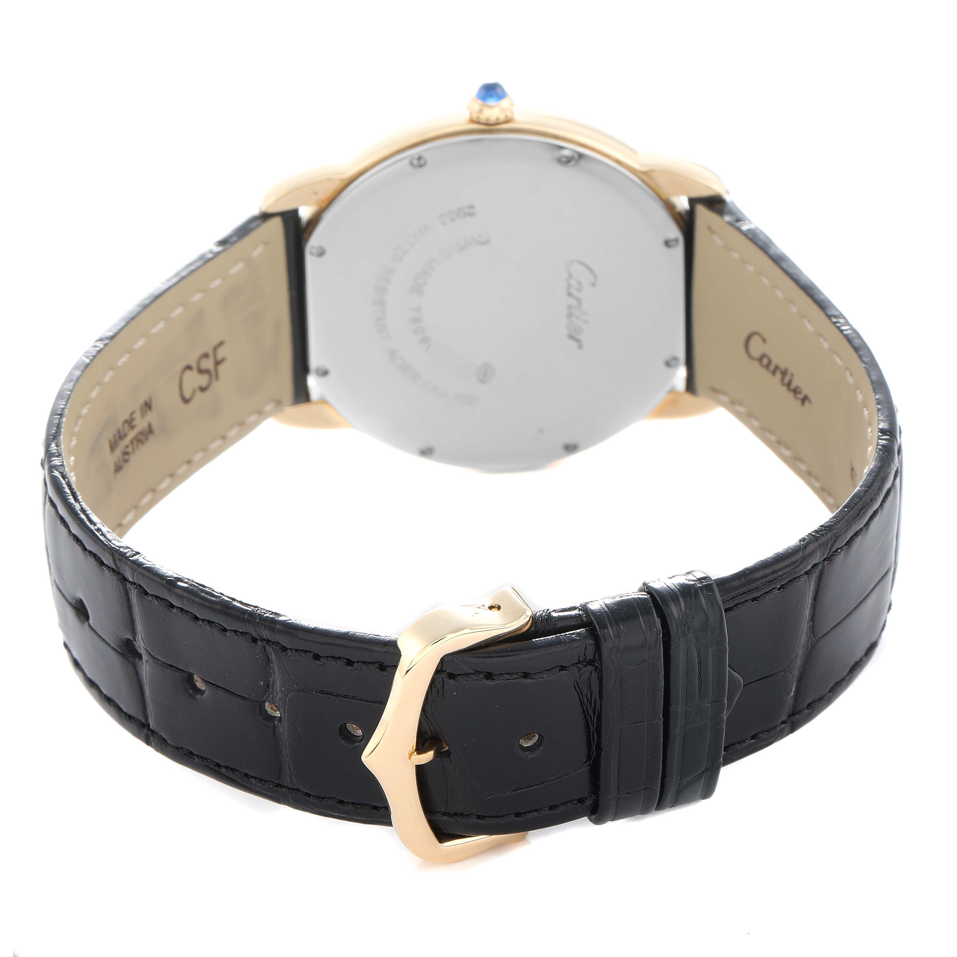 The Cartier Ronde W6700455 Men
s Steel and Gold (two tone) Silver Dial watch is shown from the back, highlighting the case back, strap, buckle, and signature crown.