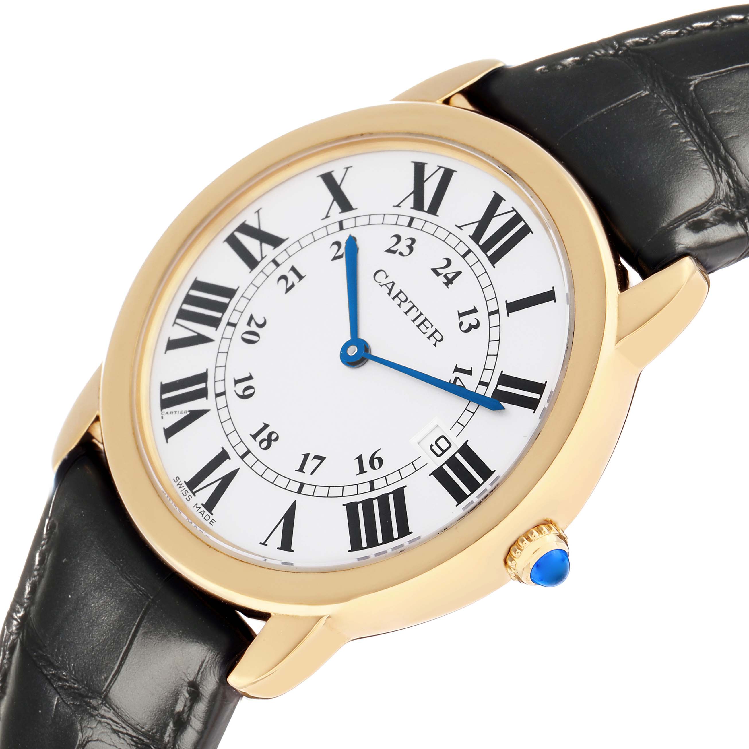 The Cartier Ronde W6700455 Men
s Steel and Gold (two tone) Silver Dial watch is shown at an angle highlighting the dial, Roman numerals, blue hands, gold case, crown, and black strap.