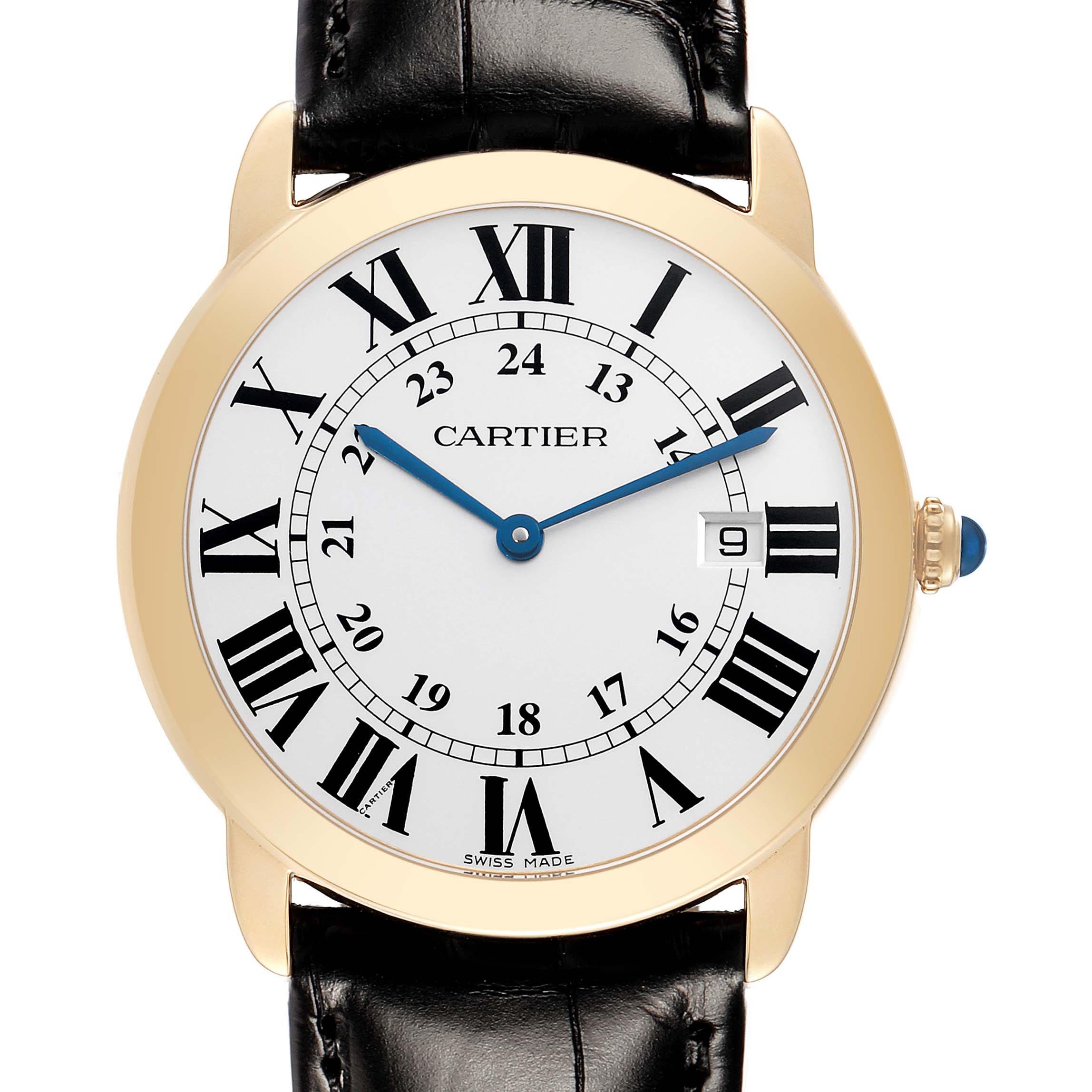 The Cartier Ronde W6700455 Men
s Steel and Gold (two tone) Silver Dial watch is shown from a front angle, highlighting the dial, Roman numerals, blue hands, and date window.