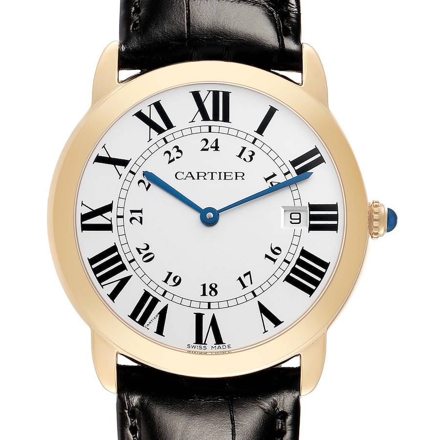 The Cartier Ronde W6700455 Men's Steel and Gold (two tone) Silver Dial watch is shown from a front angle, highlighting the dial, Roman numerals, blue hands, and date window.