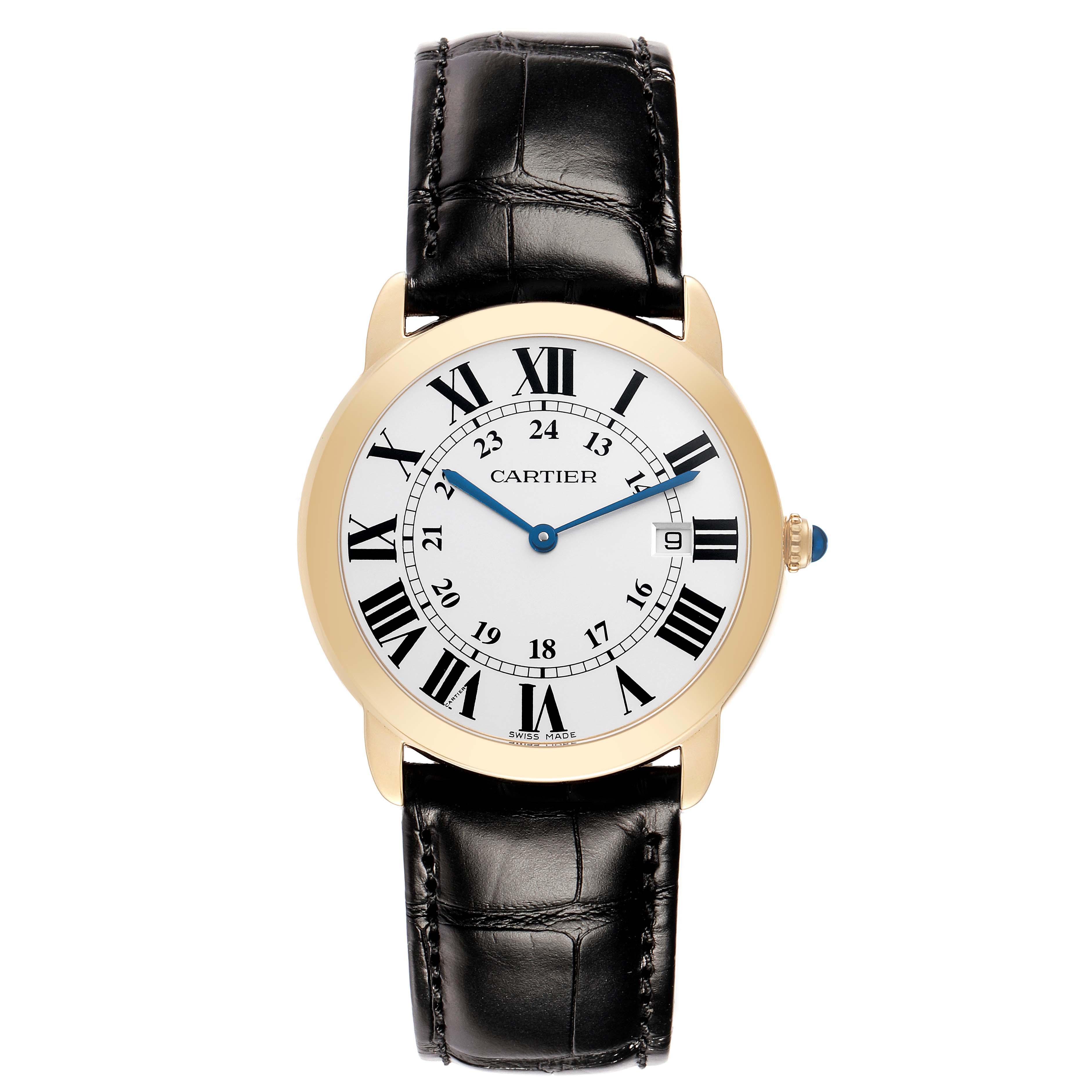 The Cartier Ronde W6700455 Men
s Steel and Gold (two tone) Silver Dial watch is shown from the front, displaying the face, Roman numerals, hands, and leather strap.