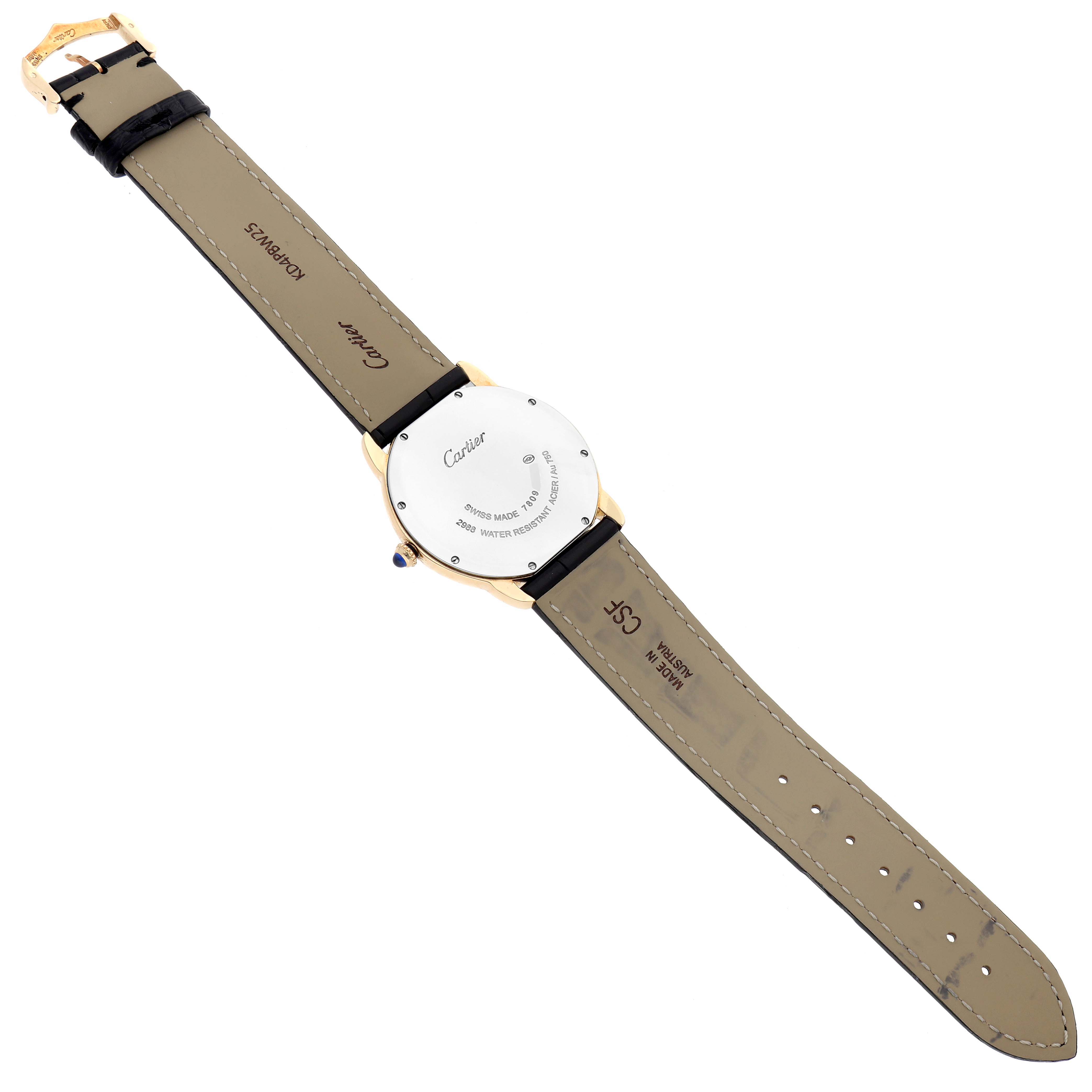 The Cartier Ronde W6700455 Men
s Steel and Gold (two tone) Silver Dial watch is displayed from the back, showing the case back, leather strap, and buckle.