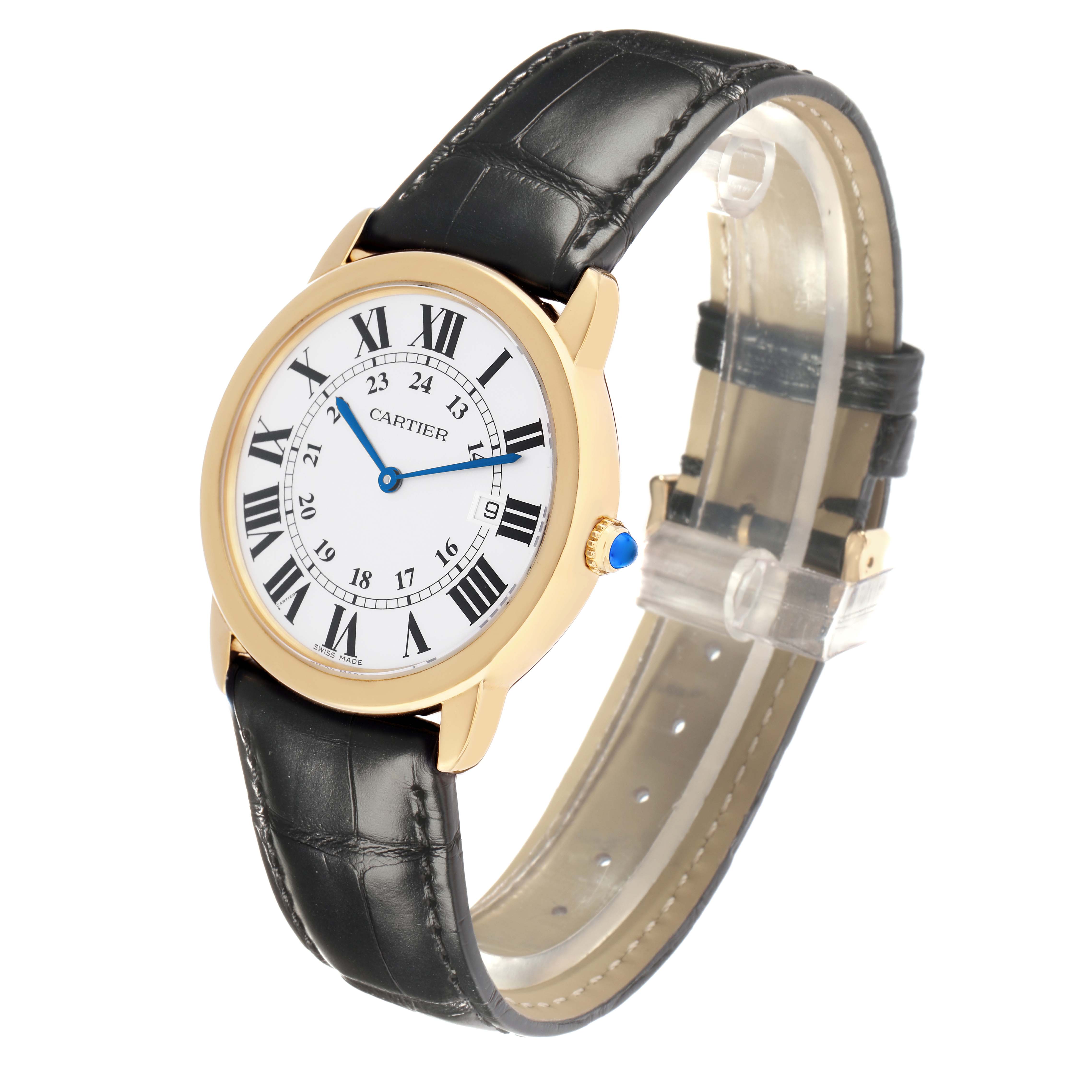 The image shows a Cartier Ronde W6700455 Men
s Steel and Gold (two tone) Silver Dial watch at a three-quarter angle, highlighting the face, strap, and crown.